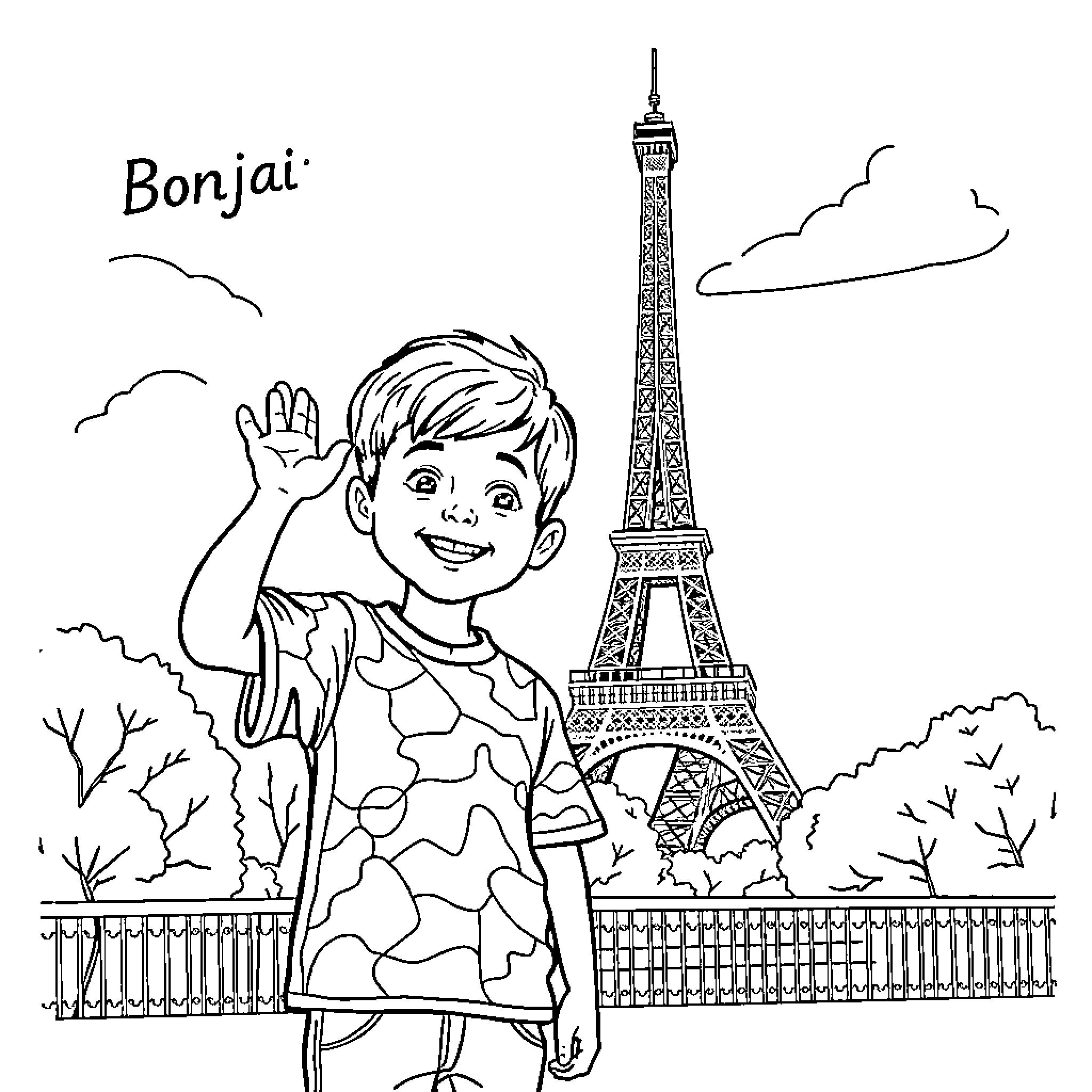 Kid waving in front of the Eiffel Tower Coloring Page (free black-and-white line drawing printable PDF for all, from beginners to advanced learners, including children, teens, adults, and seniors)