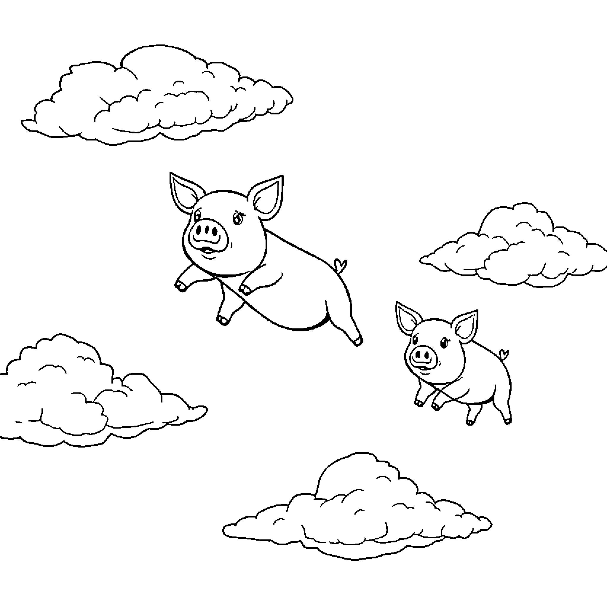 Pigs frolicking playfully in the clouds Coloring Page (free black-and-white line drawing printable PDF for all, from beginners to advanced learners, including children, teens, adults, and seniors)