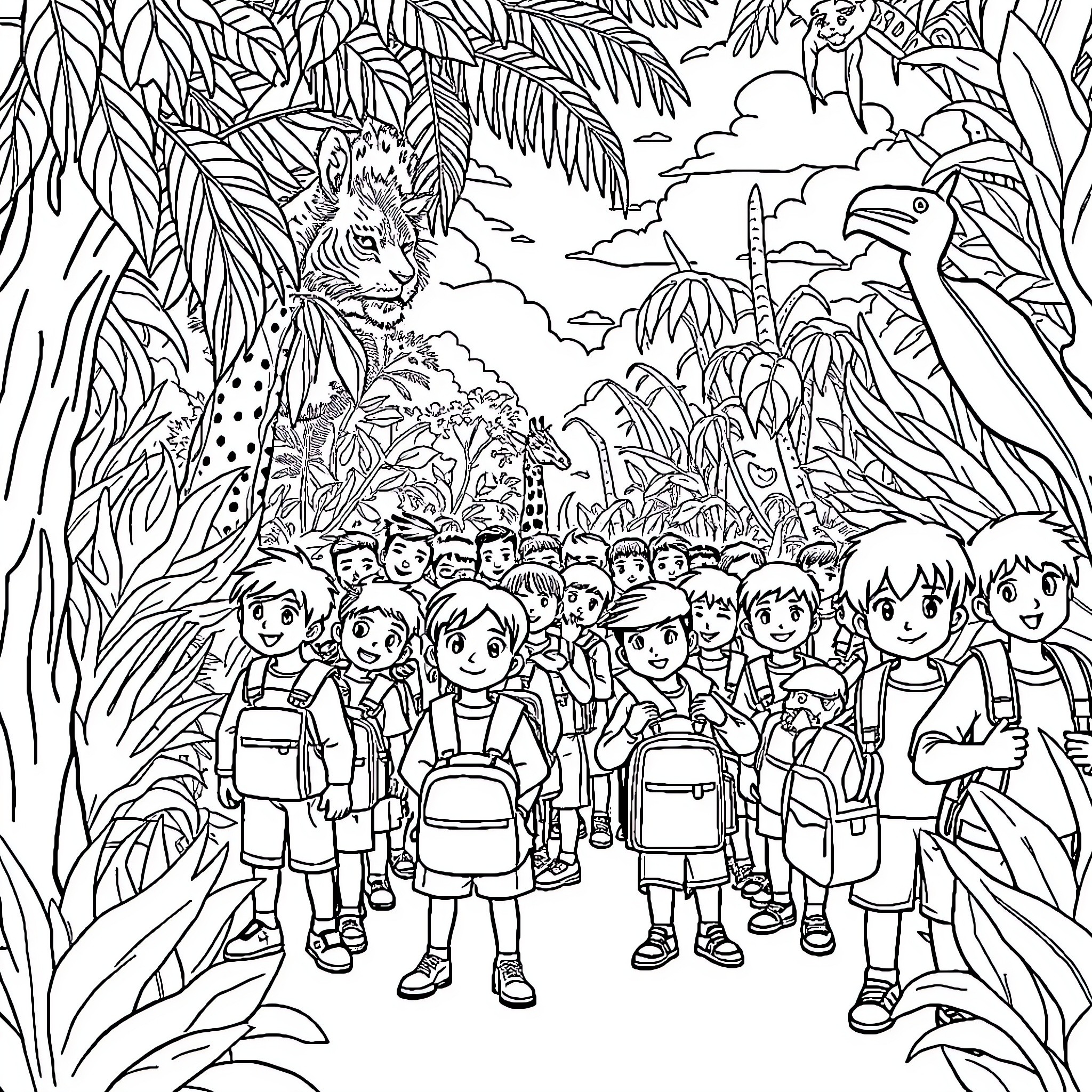 Jungle adventure with excited children Coloring Page (free black-and-white line drawing printable PDF for all, from beginners to advanced learners, including children, teens, adults, and seniors)
