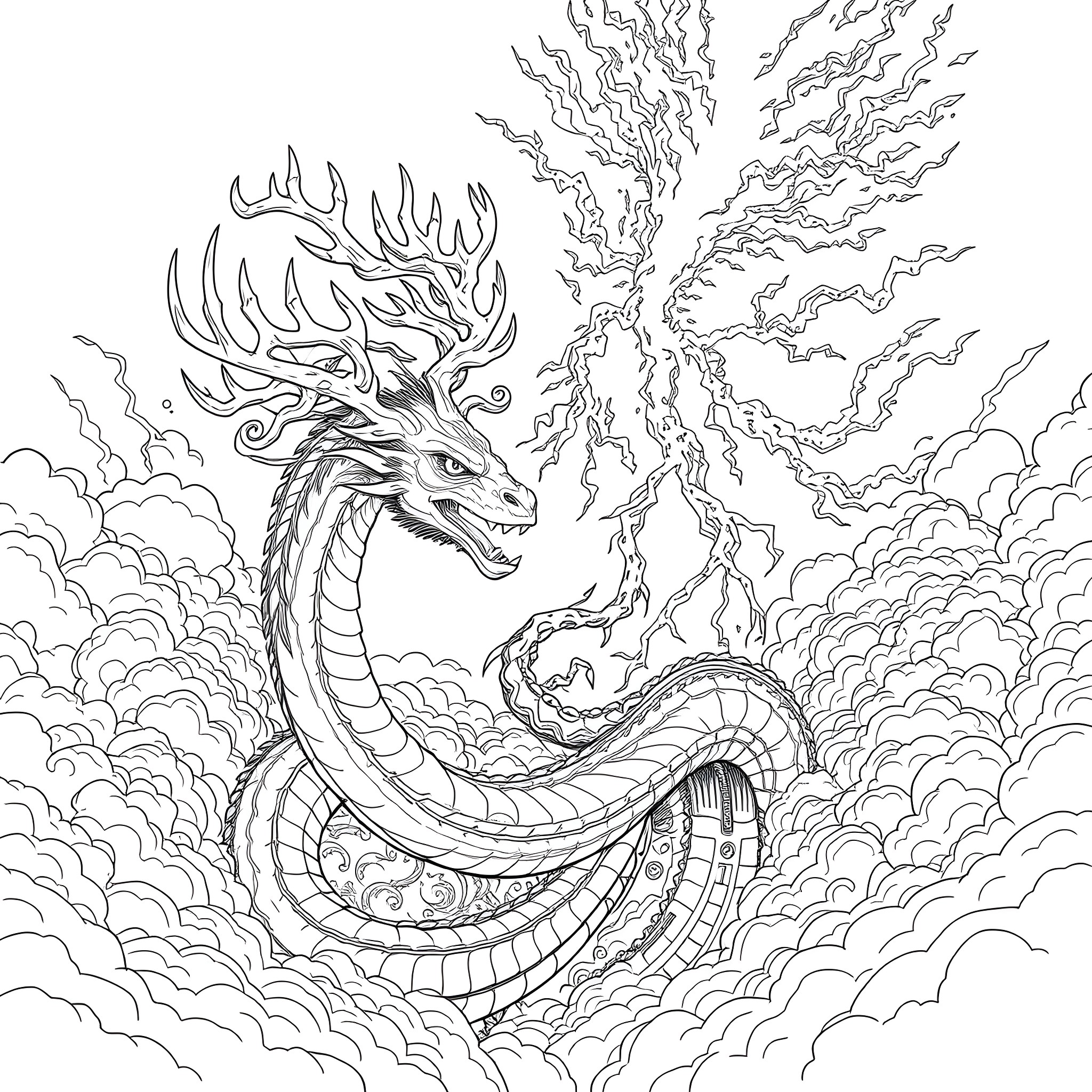 Uktena: Mythical Serpent Emerging from Clouds Coloring Page (free black-and-white line drawing printable PDF for all, from beginners to advanced learners, including children, teens, adults, and seniors)