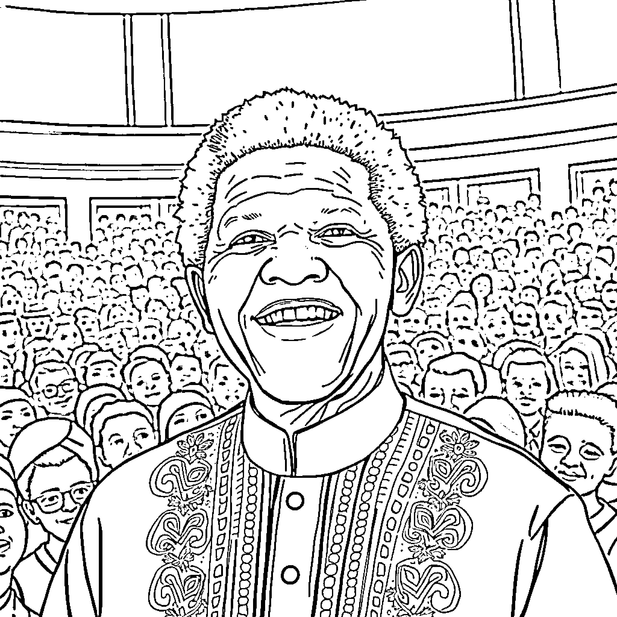 Nelson Mandela addressing a large crowd Coloring Page (free black-and-white line drawing printable PDF for all, from beginners to advanced learners, including children, teens, adults, and seniors)