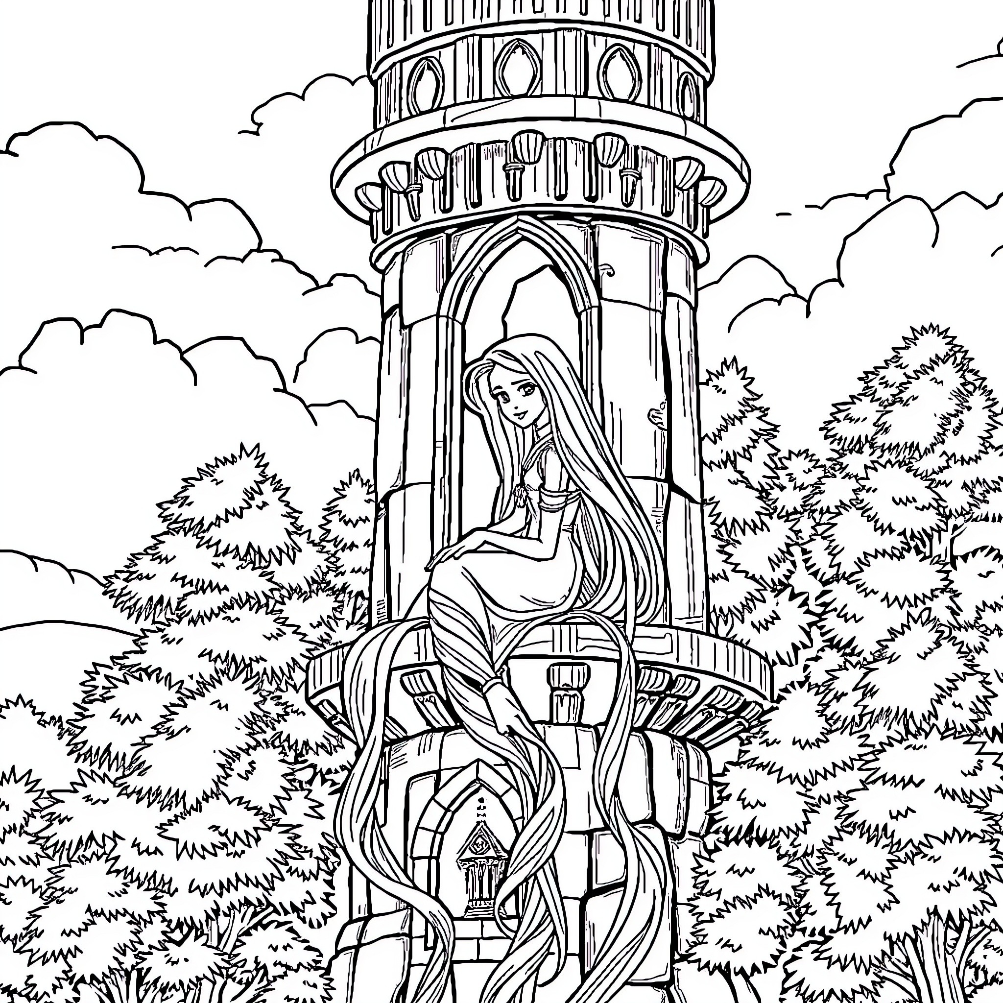 Rapunzel Waiting in Her Enchanted Tower Coloring Page (free black-and-white line drawing printable PDF for all, from beginners to advanced learners, including children, teens, adults, and seniors)