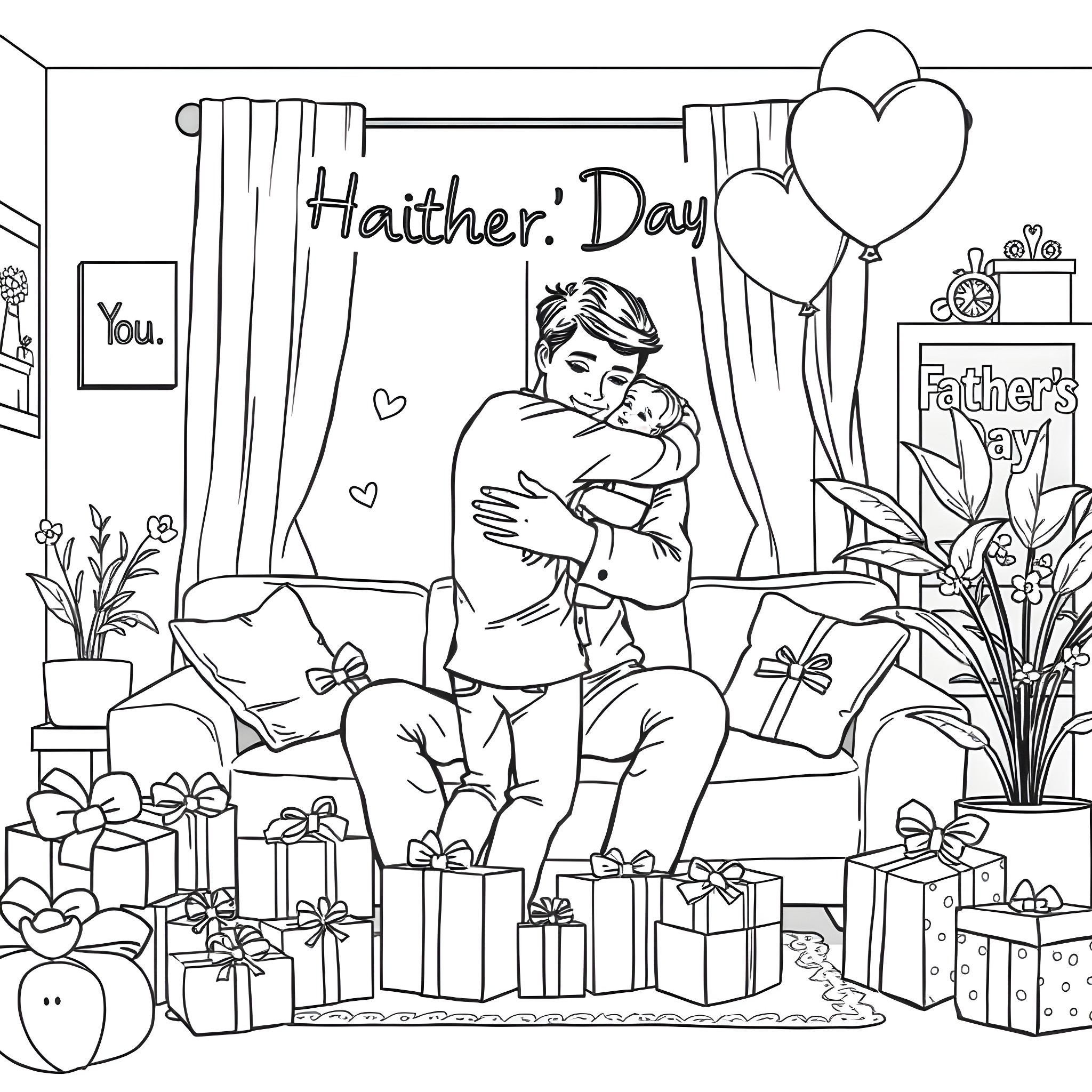 Father embracing child on Father's Day Coloring Page (free black-and-white line drawing printable PDF for all, from beginners to advanced learners, including children, teens, adults, and seniors)