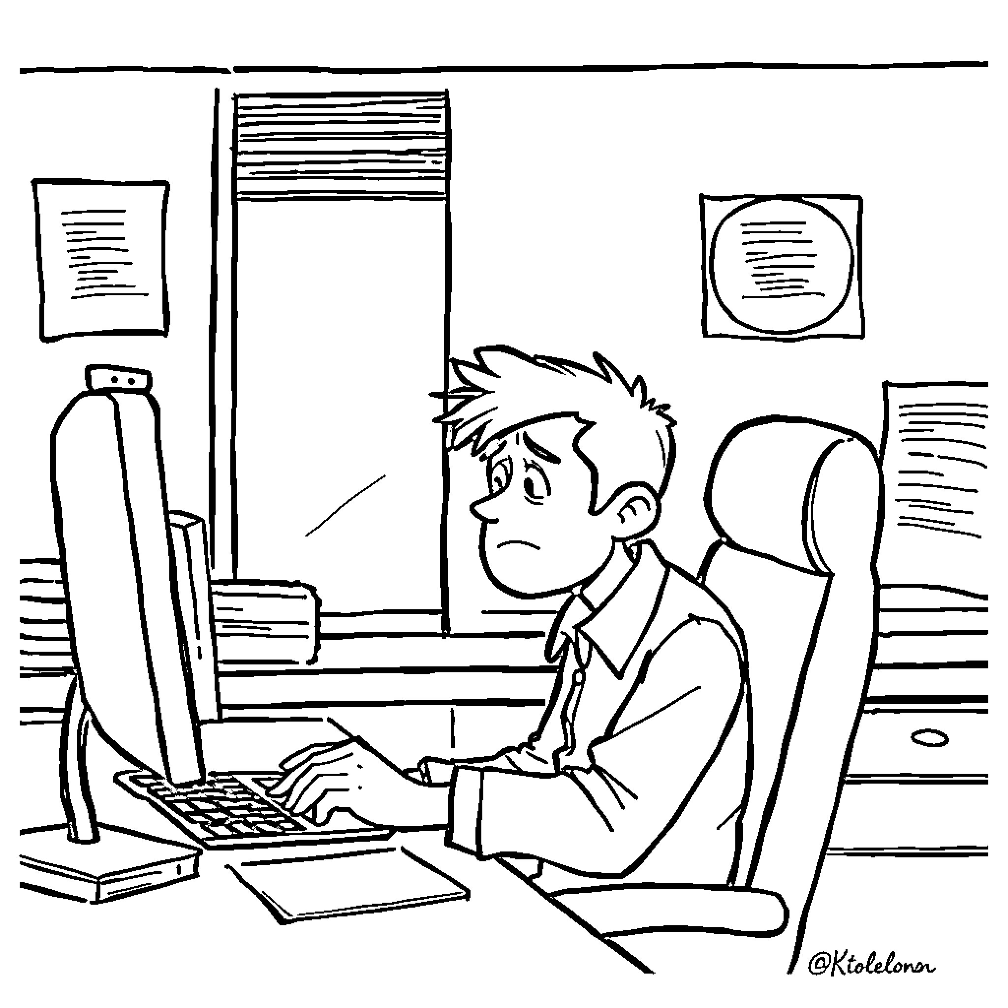 Person working diligently on computer in office Coloring Page (free black-and-white line drawing printable PDF for all, from beginners to advanced learners, including children, teens, adults, and seniors)