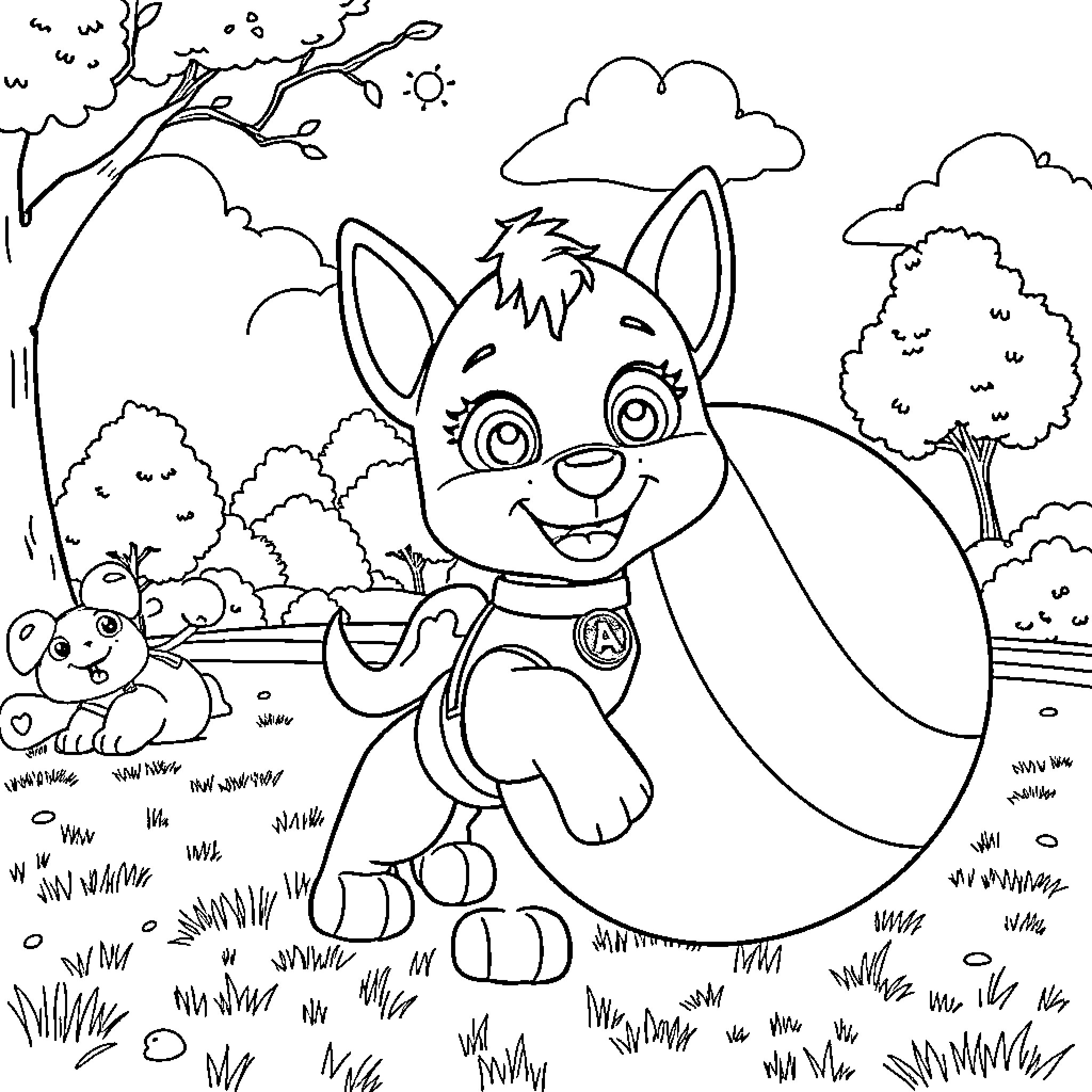 Skye and her puppy friend explore the outdoor scene Coloring Page (free black-and-white line drawing printable PDF for all, from beginners to advanced learners, including children, teens, adults, and seniors)
