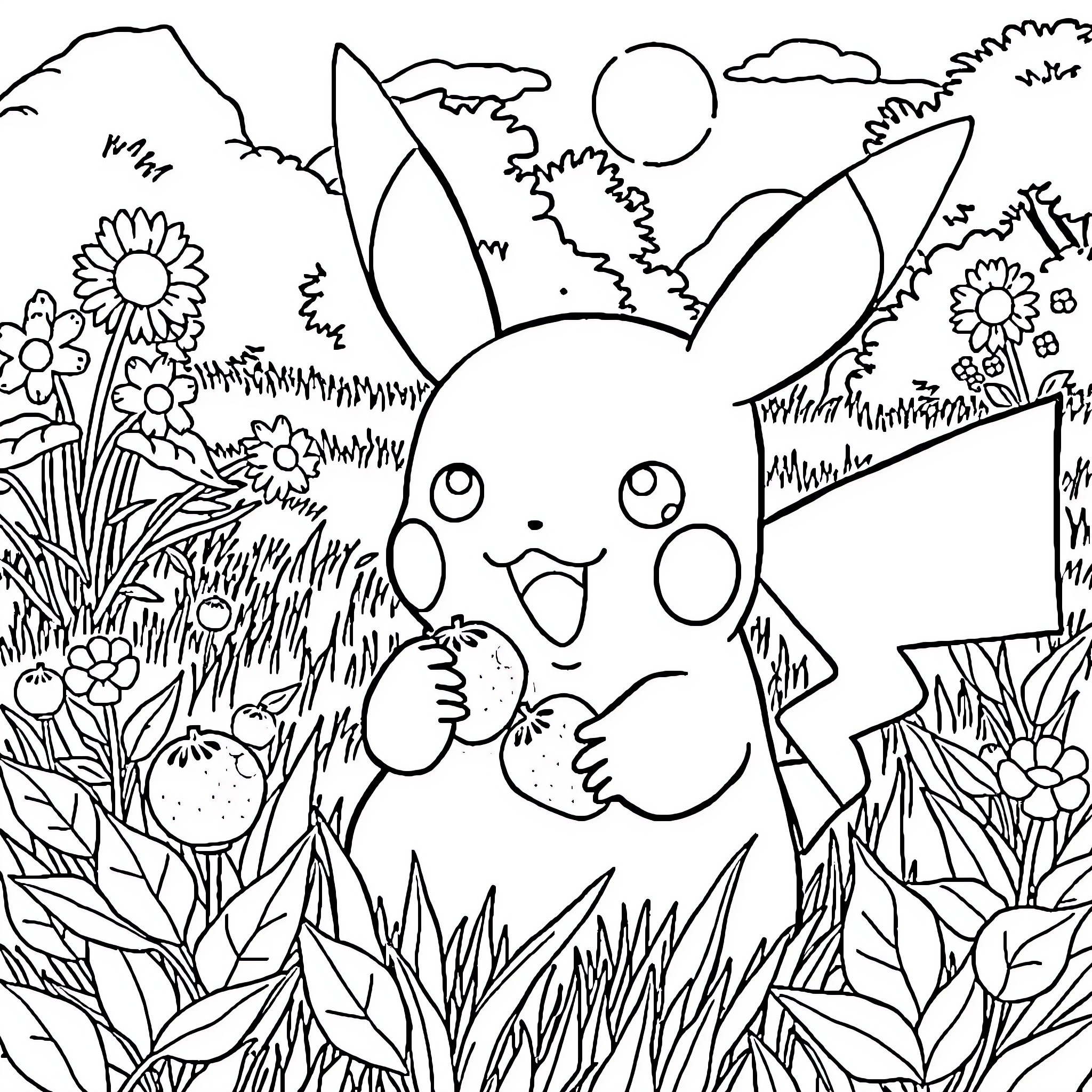 Pikachu exploring the vibrant nature Coloring Page (free black-and-white line drawing printable PDF for all, from beginners to advanced learners, including children, teens, adults, and seniors)