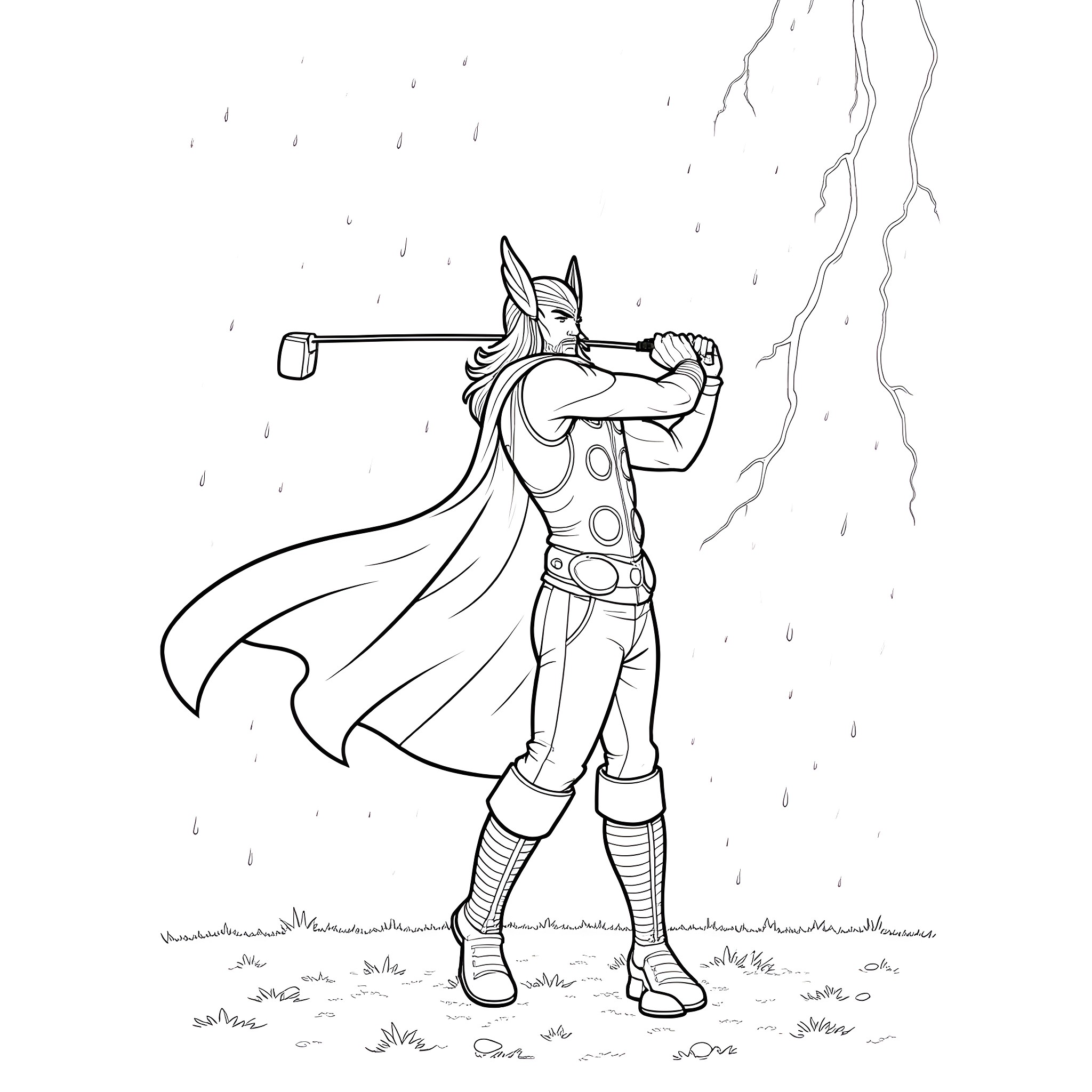 Thor Wielding Mjolnir Amidst a Stormy Landscape Coloring Page (free black-and-white line drawing printable PDF for all, from beginners to advanced learners, including children, teens, adults, and seniors)