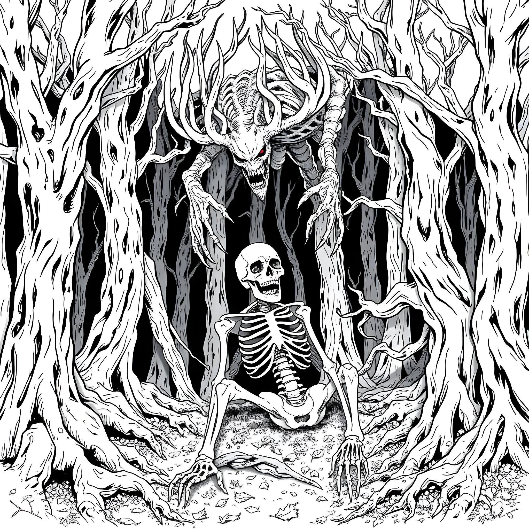 Wendigo stalking a skeletal figure in a sinister forest Coloring Page (free black-and-white line drawing printable PDF for all, from beginners to advanced learners, including children, teens, adults, and seniors)
