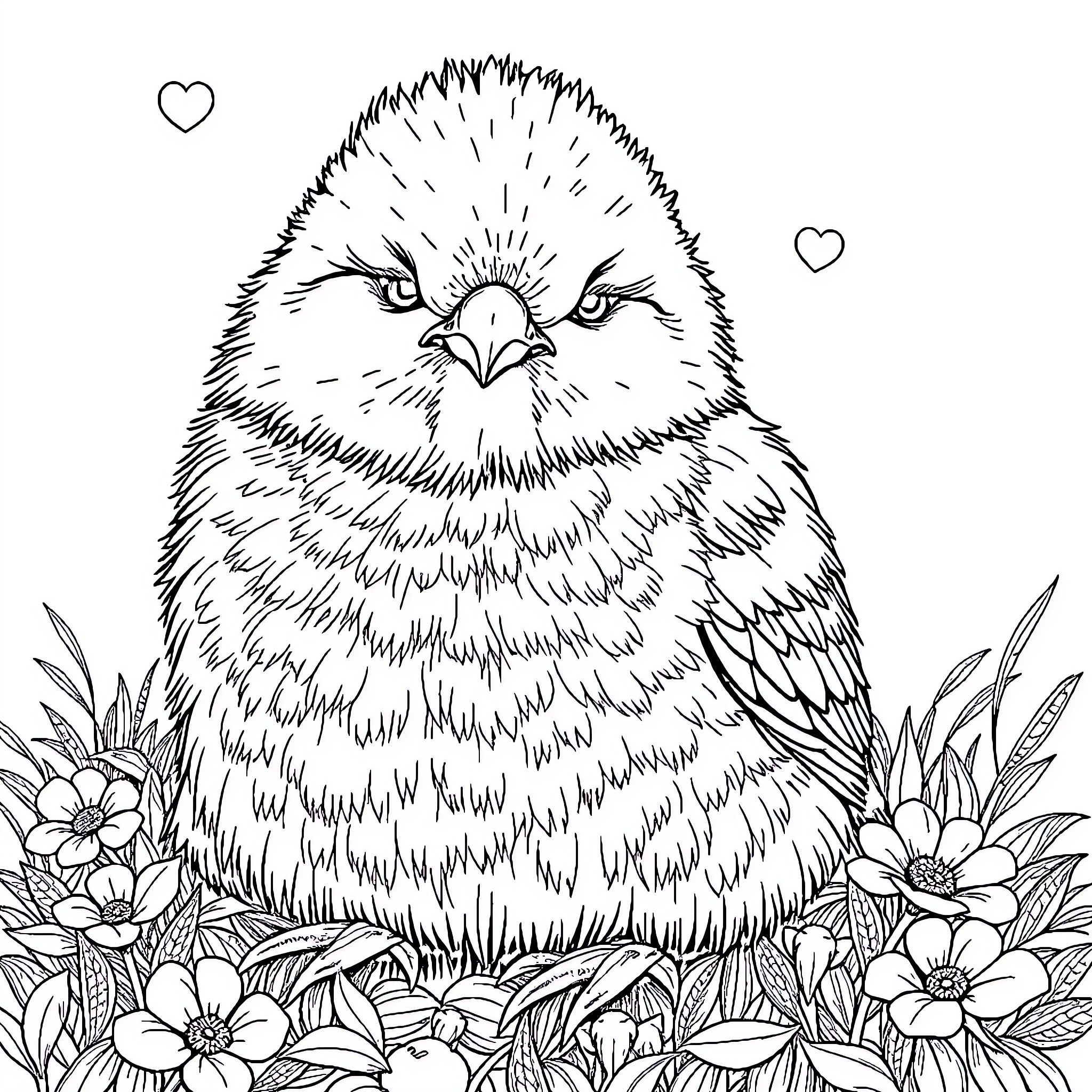 Hen enjoying the floral garden Coloring Page (free black-and-white line drawing printable PDF for all, from beginners to advanced learners, including children, teens, adults, and seniors)