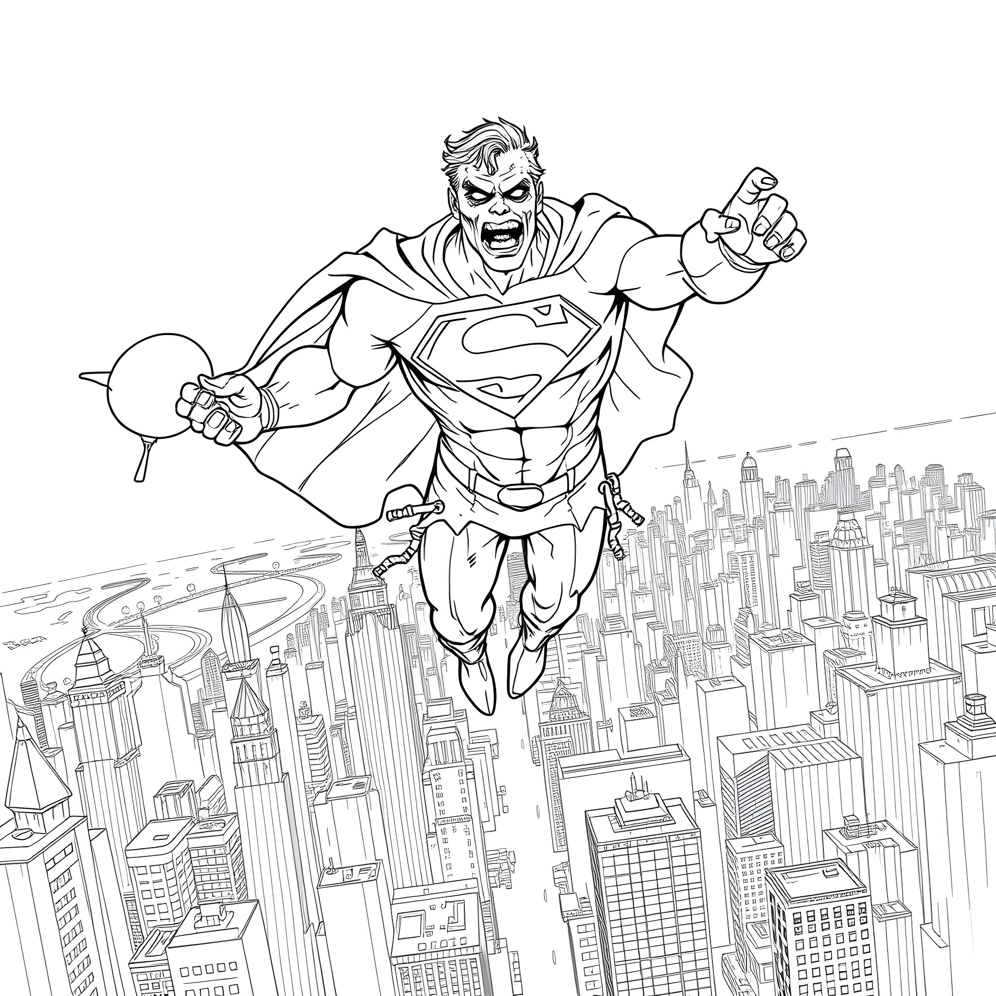 Zombie Superman Battles Over the City Coloring Page (free black-and-white line drawing printable PDF for all, from beginners to advanced learners, including children, teens, adults, and seniors)