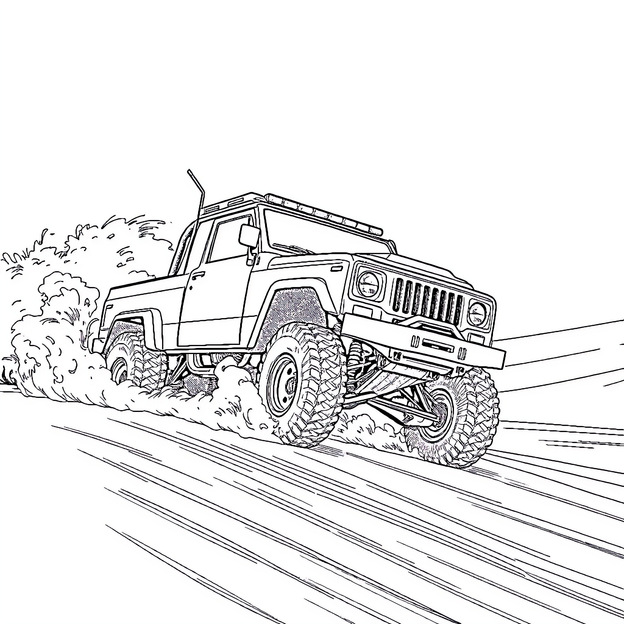 Prerunner Truck Navigating Rugged Terrain Coloring Page (free black-and-white line drawing printable PDF for all, from beginners to advanced learners, including children, teens, adults, and seniors)
