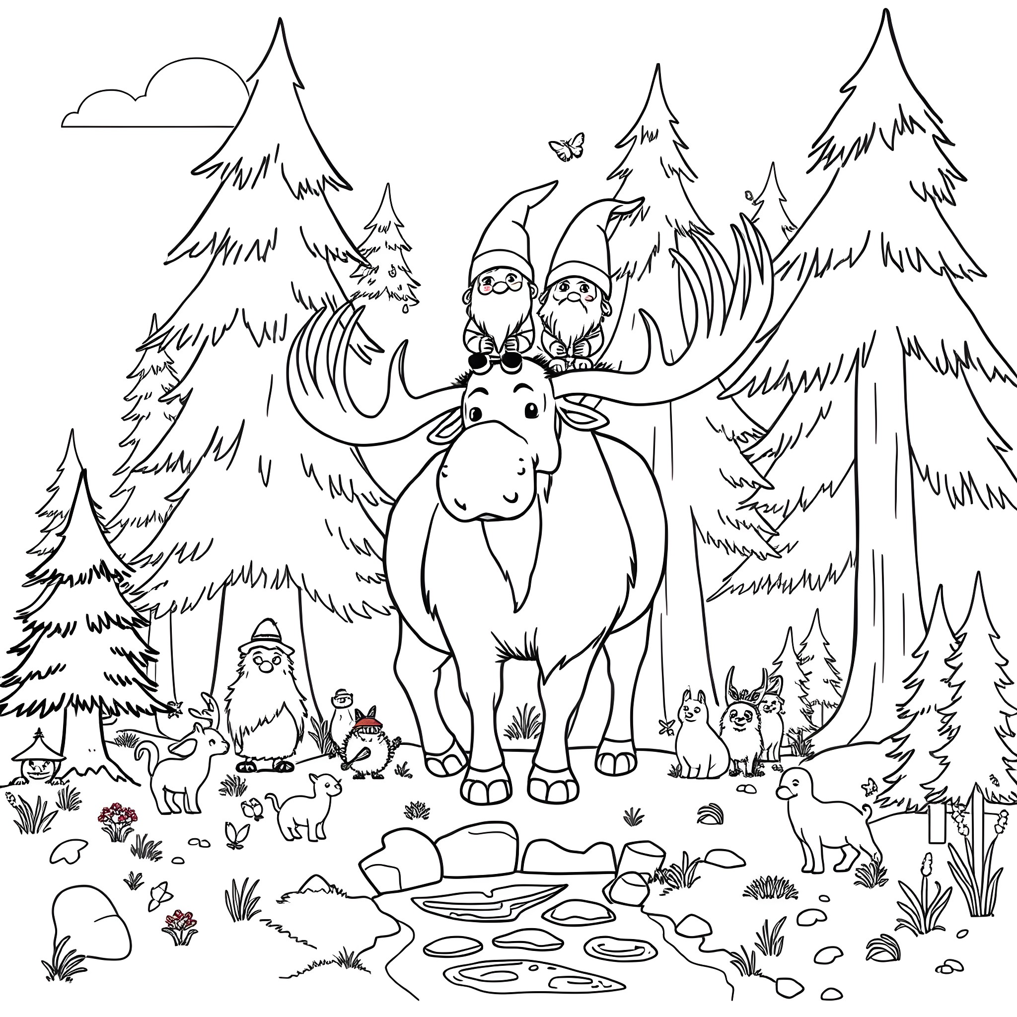 Gnome friends exploring the forest with a moose Coloring Page (free black-and-white line drawing printable PDF for all, from beginners to advanced learners, including children, teens, adults, and seniors)