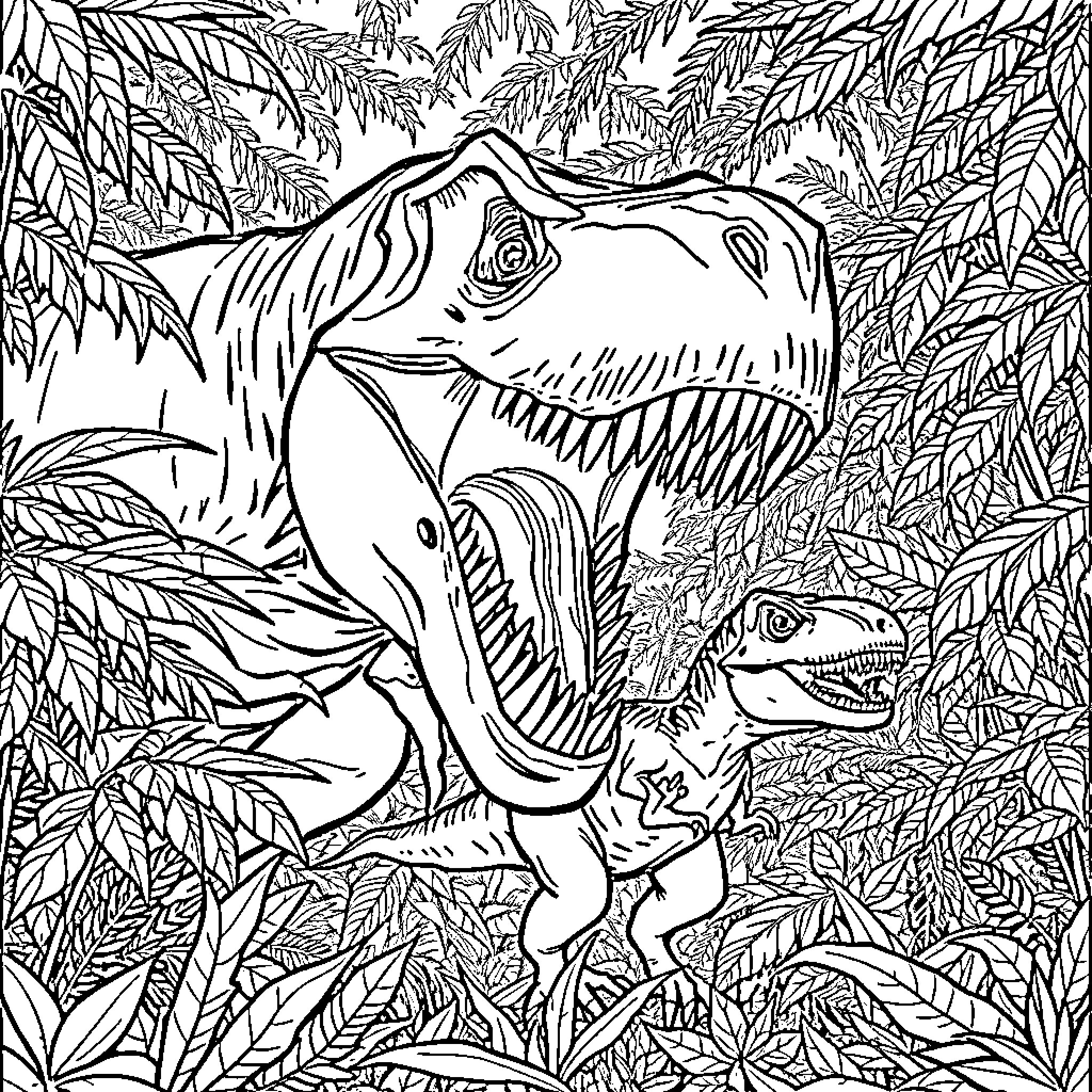 Tyrannosaurus chasing smaller dinosaur in lush jungle Coloring Page (free black-and-white line drawing printable PDF for all, from beginners to advanced learners, including children, teens, adults, and seniors)