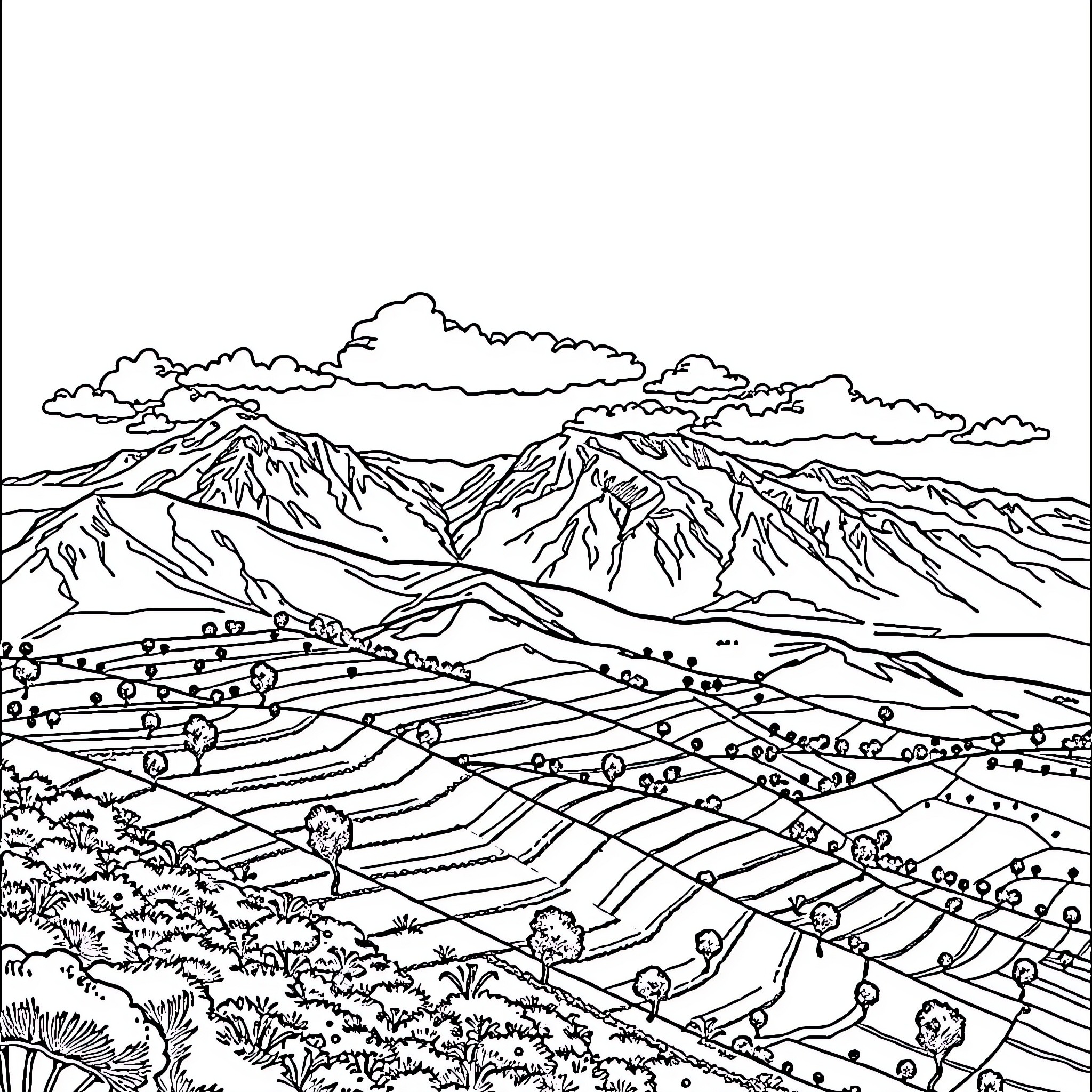 Andenes - Scenic mountain landscape with houses and vegetation Coloring Page (free black-and-white line drawing printable PDF for all, from beginners to advanced learners, including children, teens, adults, and seniors)