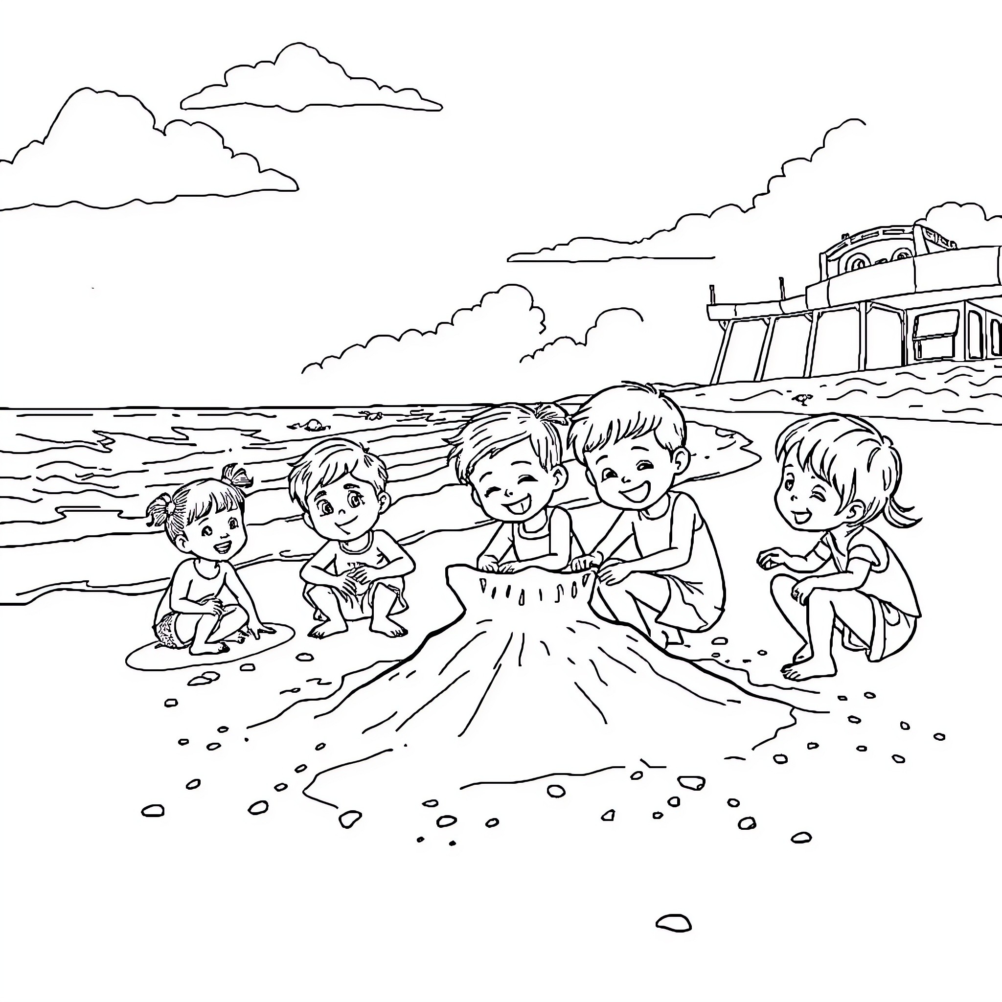 Kids enjoying a day at the beach Coloring Page (free black-and-white line drawing printable PDF for all, from beginners to advanced learners, including children, teens, adults, and seniors)