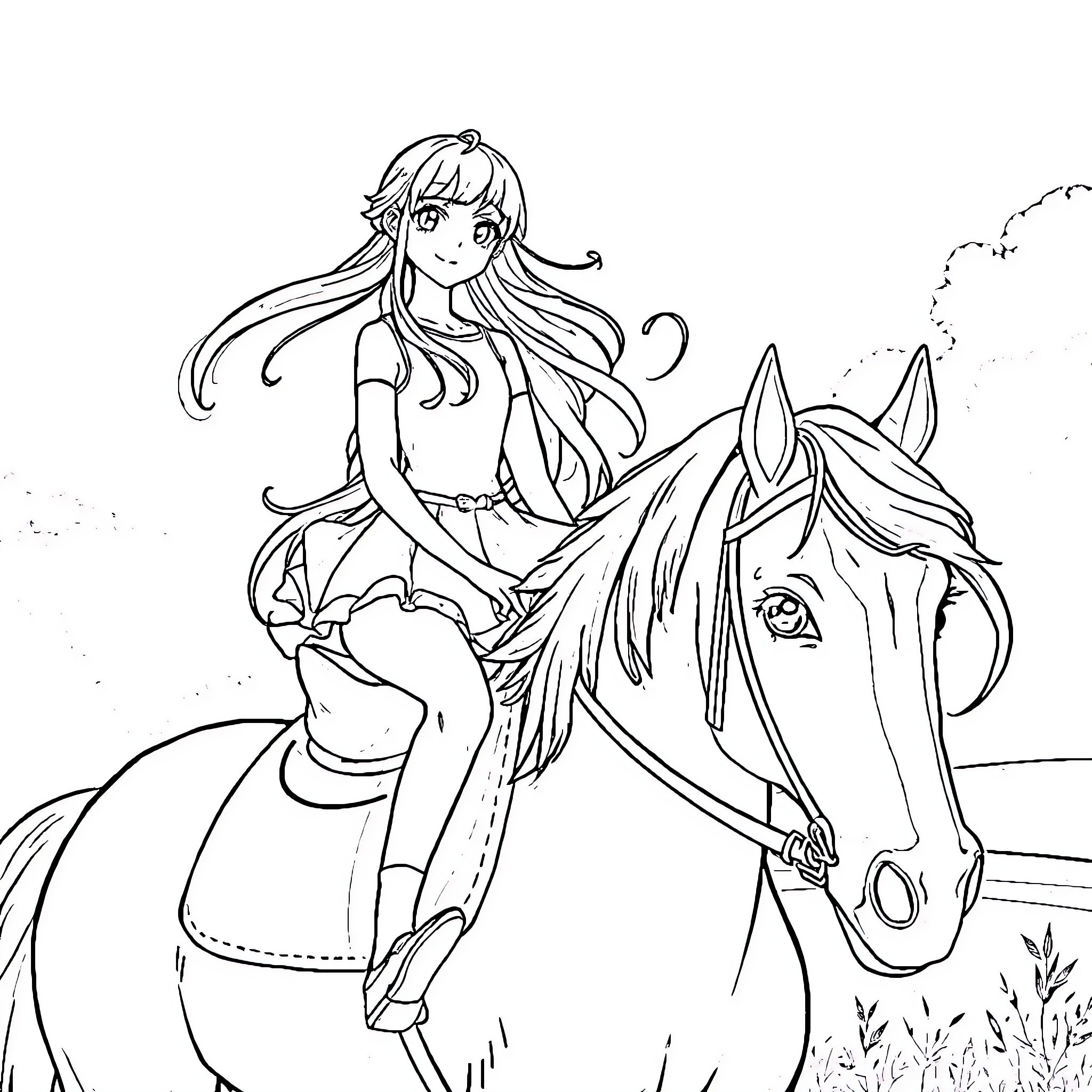 Anime Girl Riding a Horse in the Countryside Coloring Page (free black-and-white line drawing printable PDF for all, from beginners to advanced learners, including children, teens, adults, and seniors)