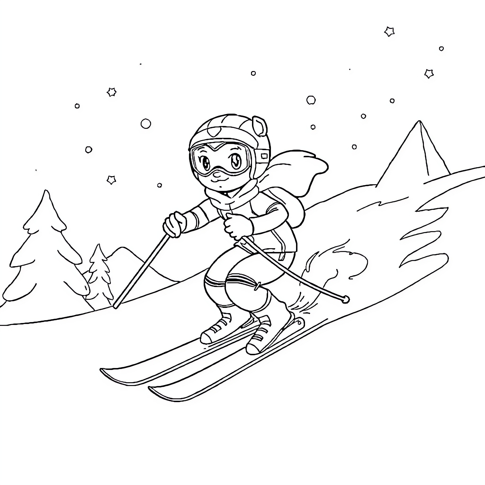 Stella enjoying a day of winter skiing Coloring Page (free black-and-white line drawing printable PDF for all, from beginners to advanced learners, including children, teens, adults, and seniors)