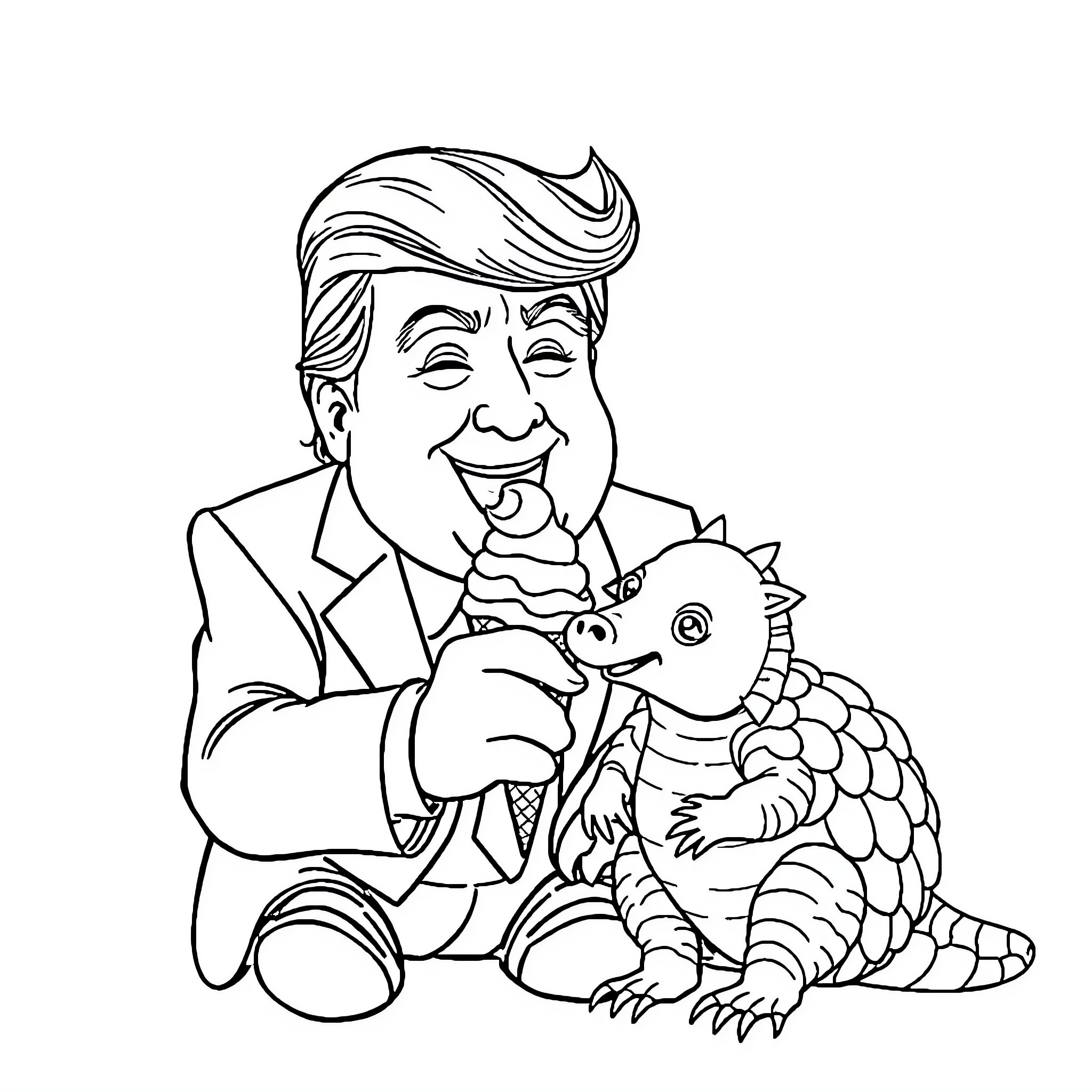 Donald Trump playing with a pet dragon Coloring Page (free black-and-white line drawing printable PDF for all, from beginners to advanced learners, including children, teens, adults, and seniors)