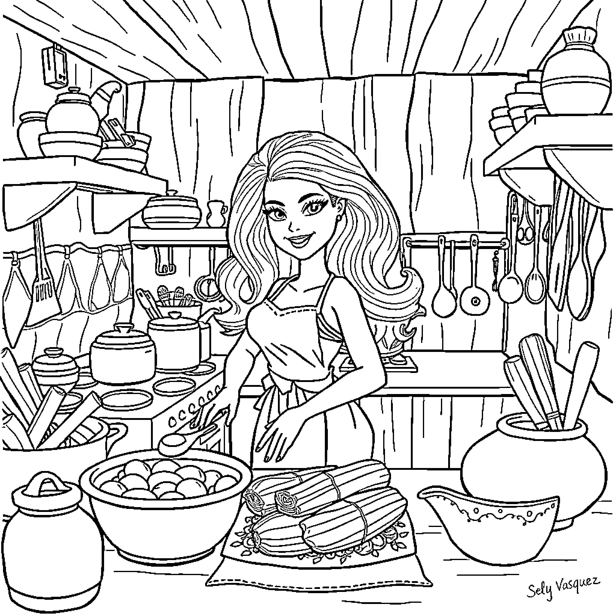 Barbie Cooking in the Kitchen Coloring Page (free black-and-white line drawing printable PDF for all, from beginners to advanced learners, including children, teens, adults, and seniors)