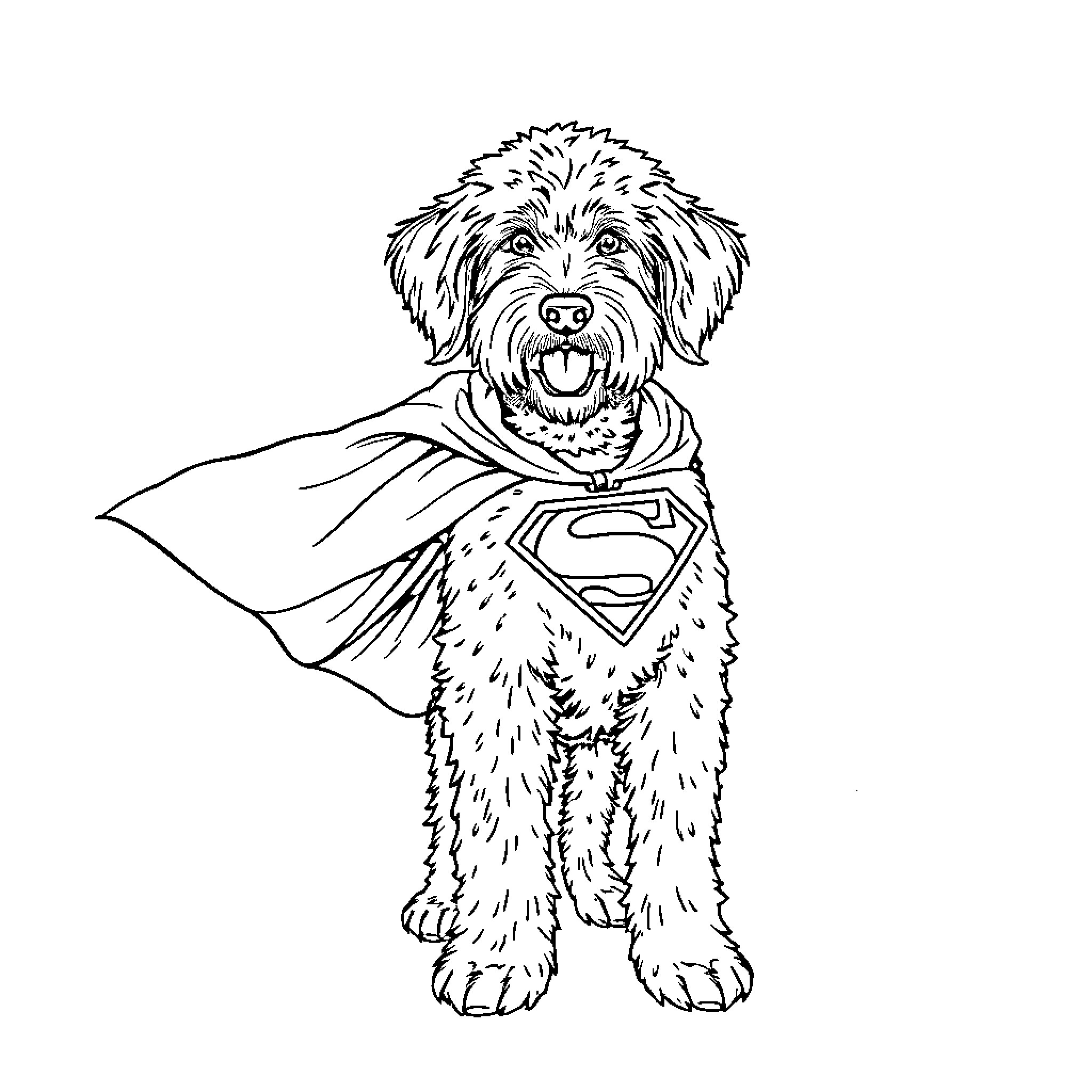 Labroodle superhero cape adventure Coloring Page (free black-and-white line drawing printable PDF for all, from beginners to advanced learners, including children, teens, adults, and seniors)