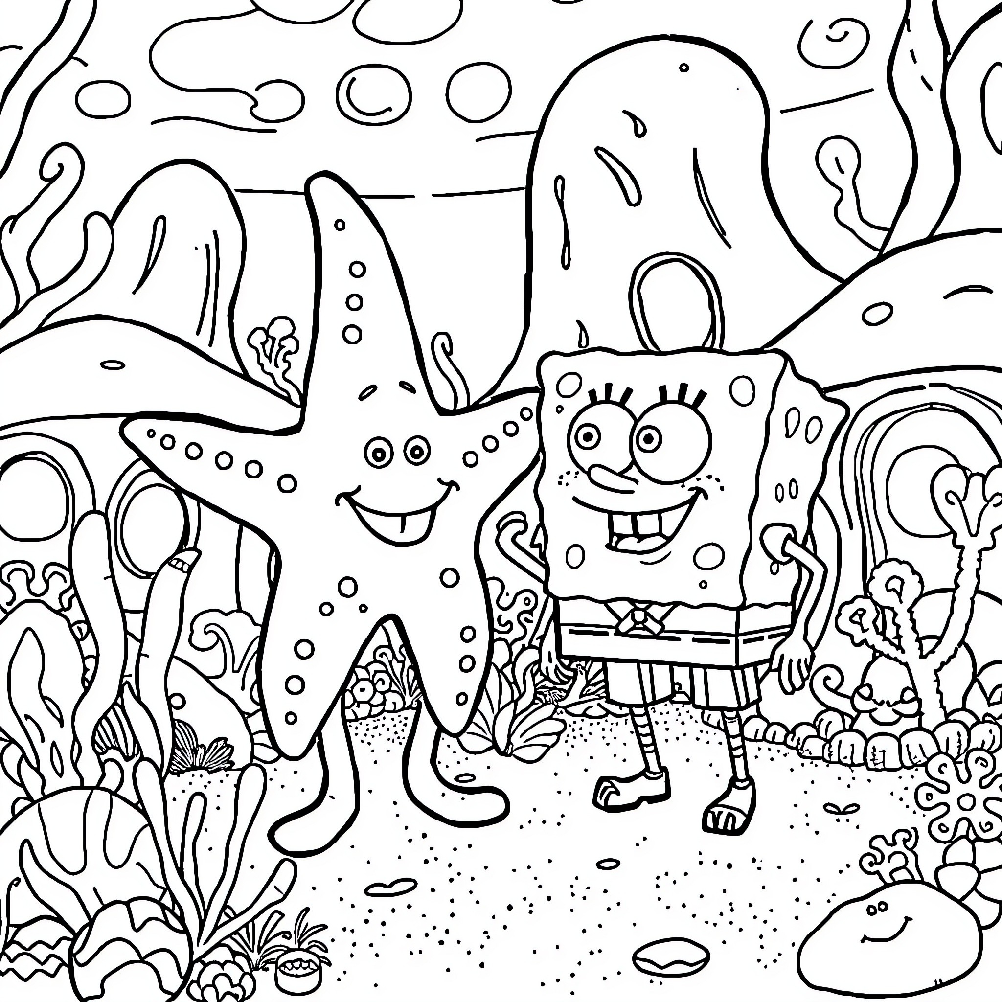 Starfish and Spongebob playing in the ocean Coloring Page (free black-and-white line drawing printable PDF for all, from beginners to advanced learners, including children, teens, adults, and seniors)