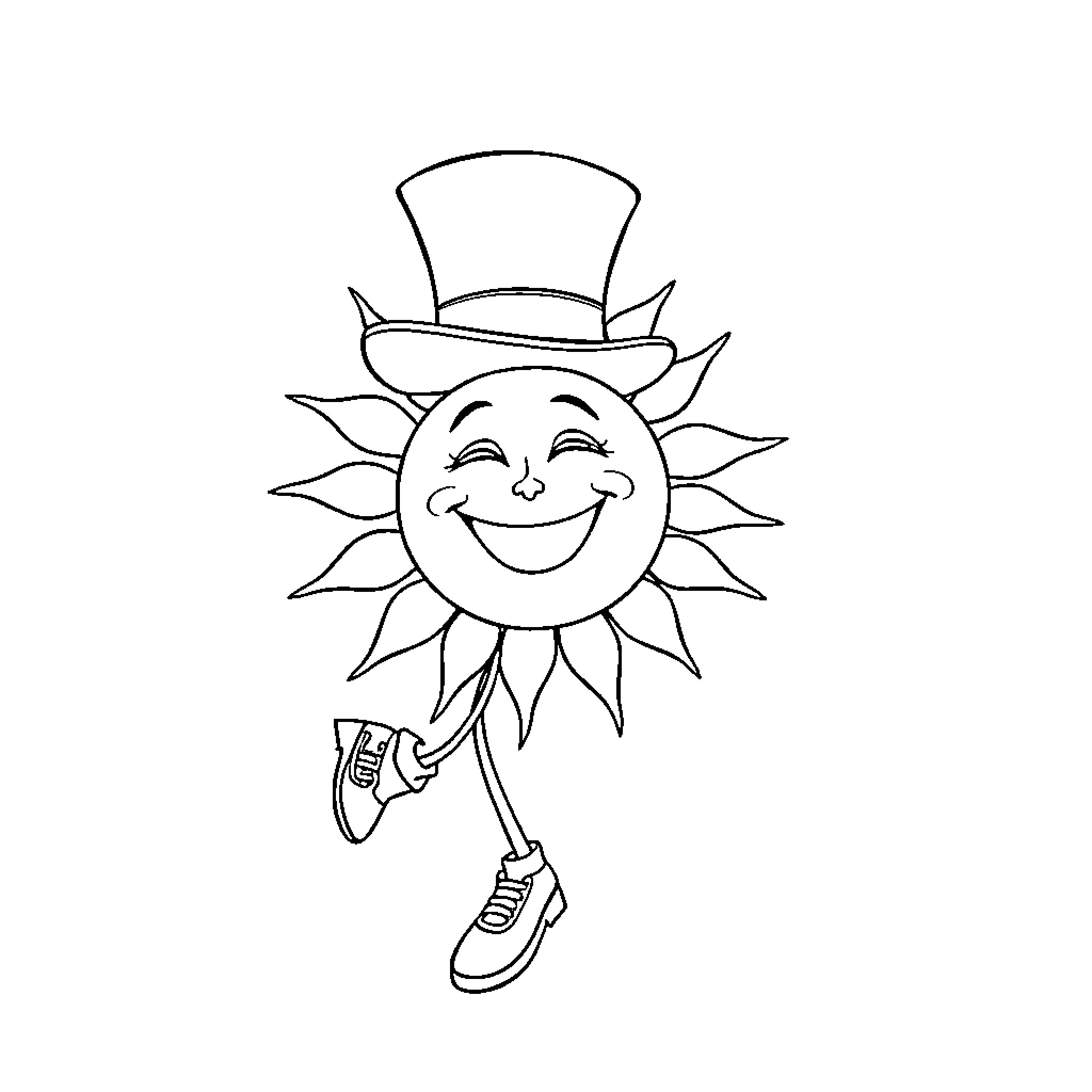 Sun with a hat and happy expression Coloring Page (free black-and-white line drawing printable PDF for all, from beginners to advanced learners, including children, teens, adults, and seniors)