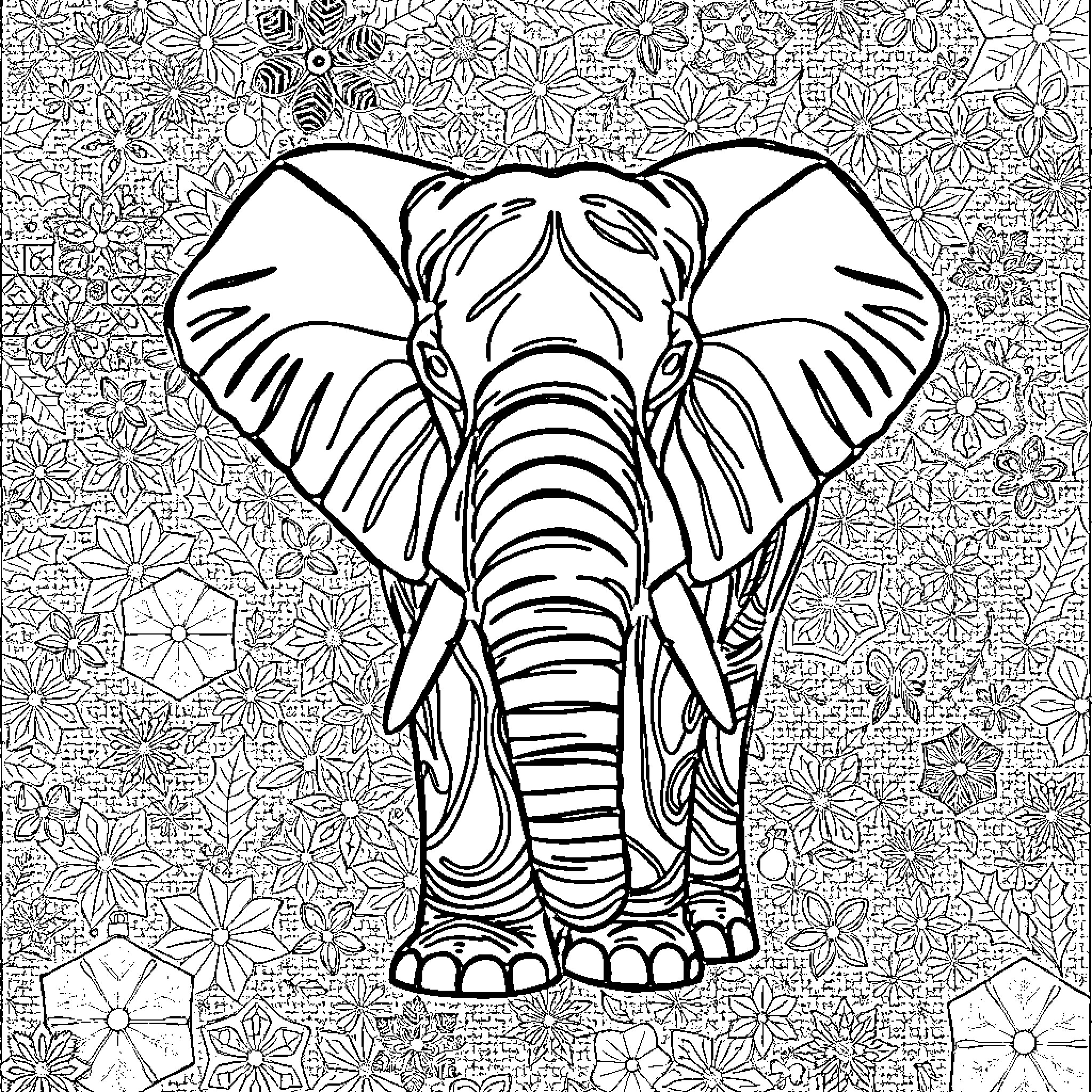 Elephant standing tall amid floral patterns Coloring Page (free black-and-white line drawing printable PDF for all, from beginners to advanced learners, including children, teens, adults, and seniors)
