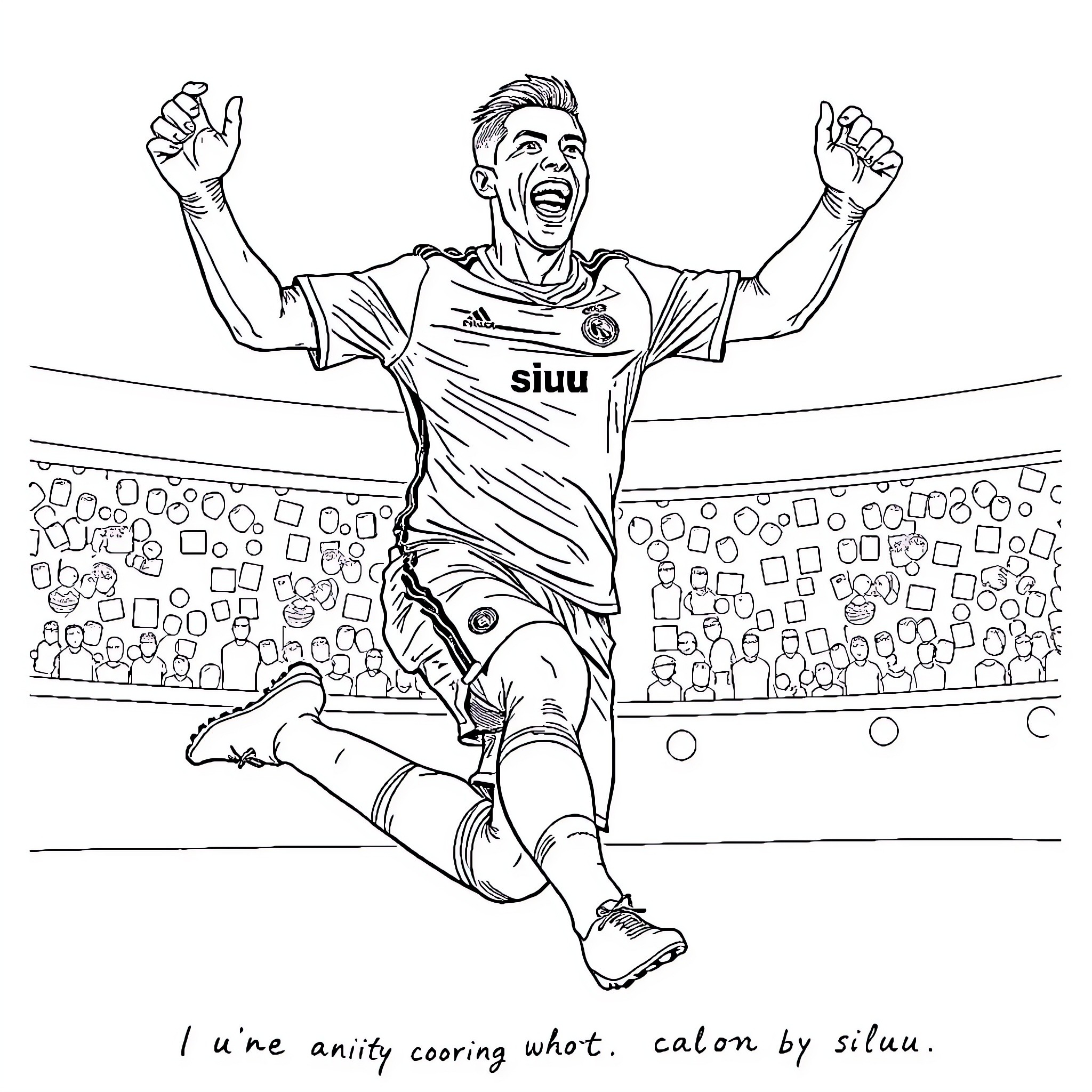 Cristiano Ronaldo celebrating a goal on the soccer pitch Coloring Page (free black-and-white line drawing printable PDF for all, from beginners to advanced learners, including children, teens, adults, and seniors)