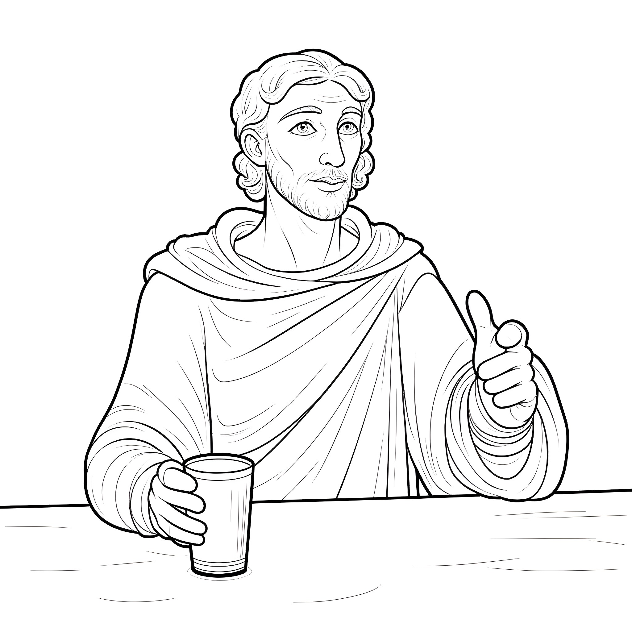 Saint Alban contemplates with a drink in hand Coloring Page (free black-and-white line drawing printable PDF for all, from beginners to advanced learners, including children, teens, adults, and seniors)