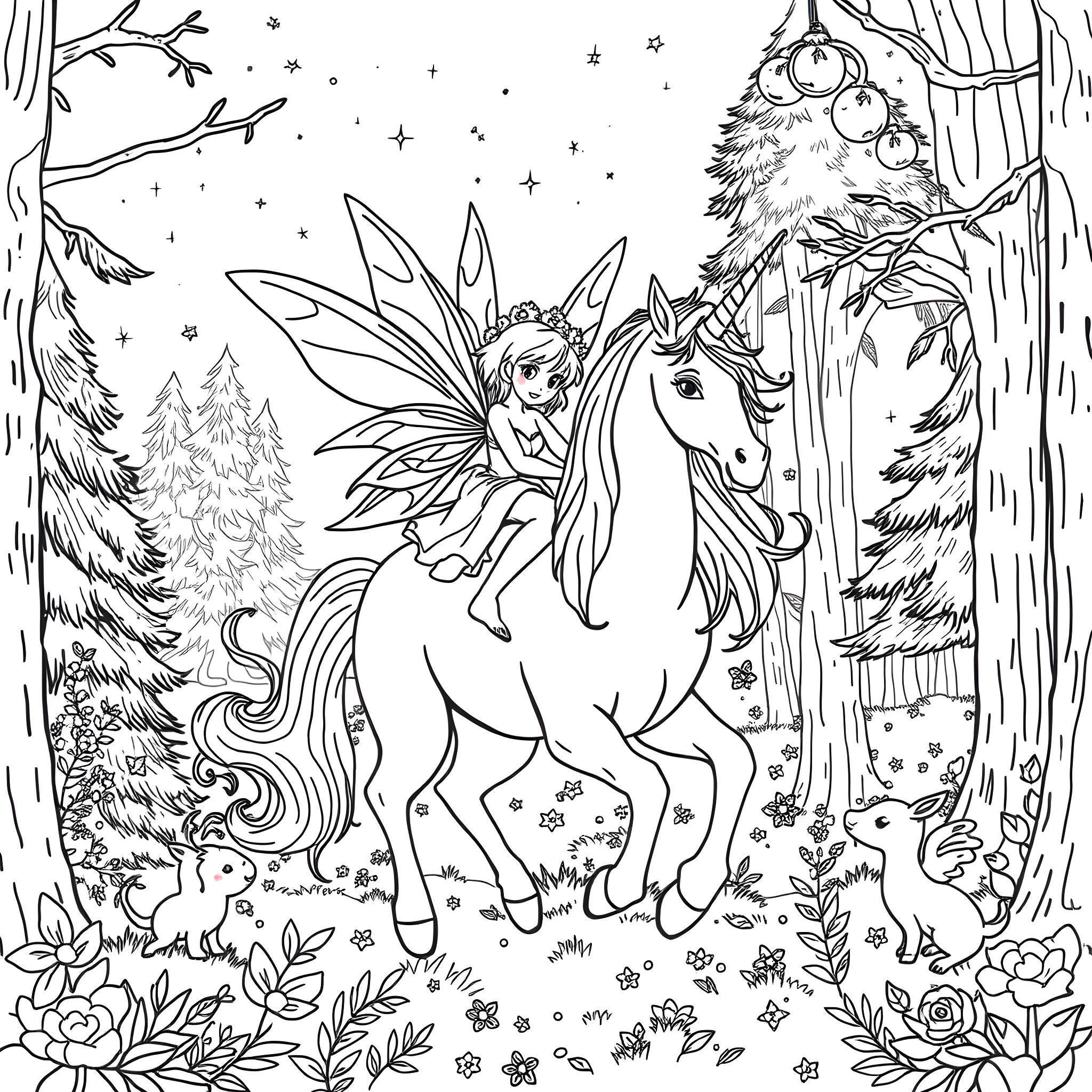Fairy on a Magical Unicorn in the Winter Wonderland Coloring Page (free black-and-white line drawing printable PDF for all, from beginners to advanced learners, including children, teens, adults, and seniors)