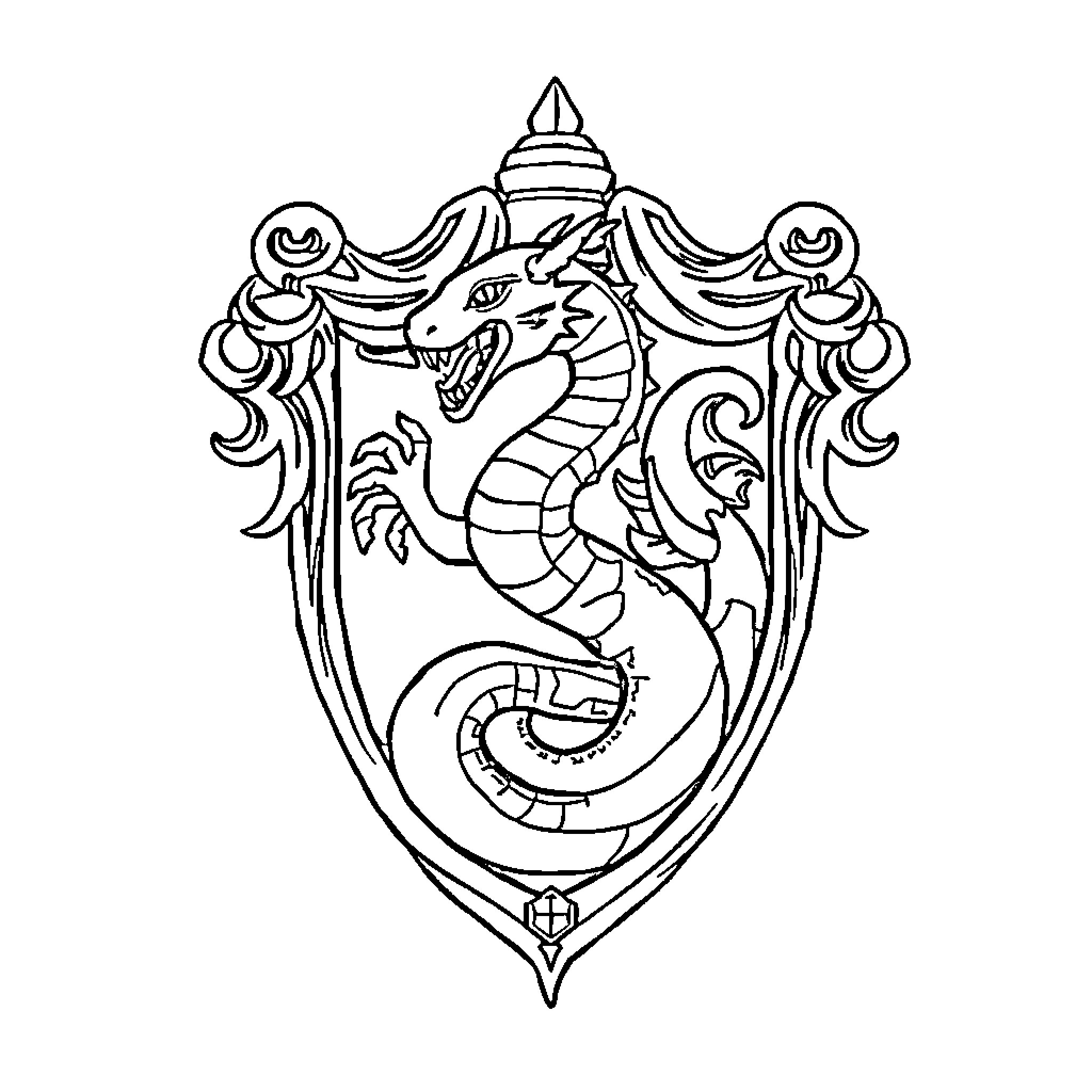 Slytherin House Crest with Serpent Design Coloring Page (free black-and-white line drawing printable PDF for all, from beginners to advanced learners, including children, teens, adults, and seniors)