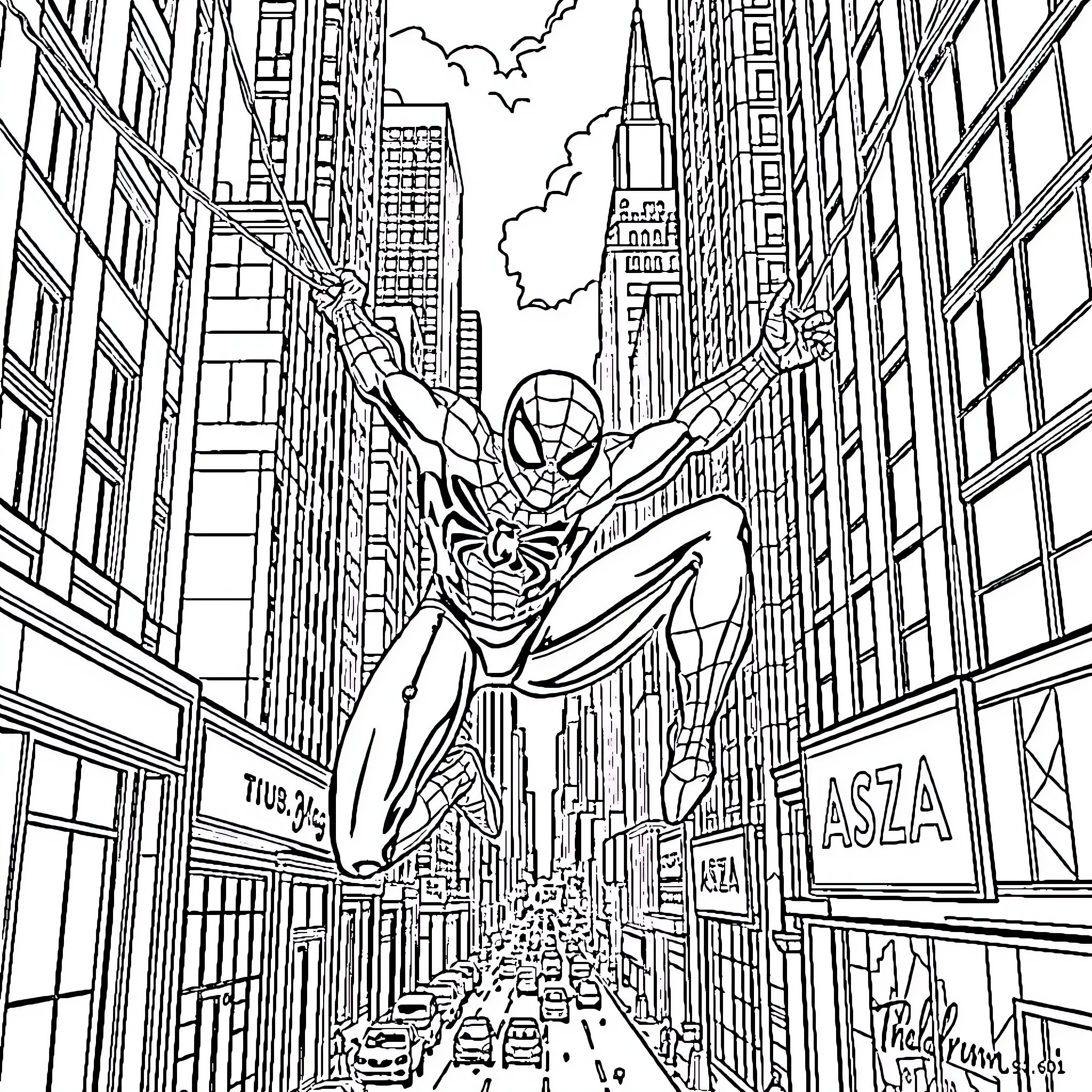 Spiderman swinging through the city streets Coloring Page (free black-and-white line drawing printable PDF for all, from beginners to advanced learners, including children, teens, adults, and seniors)