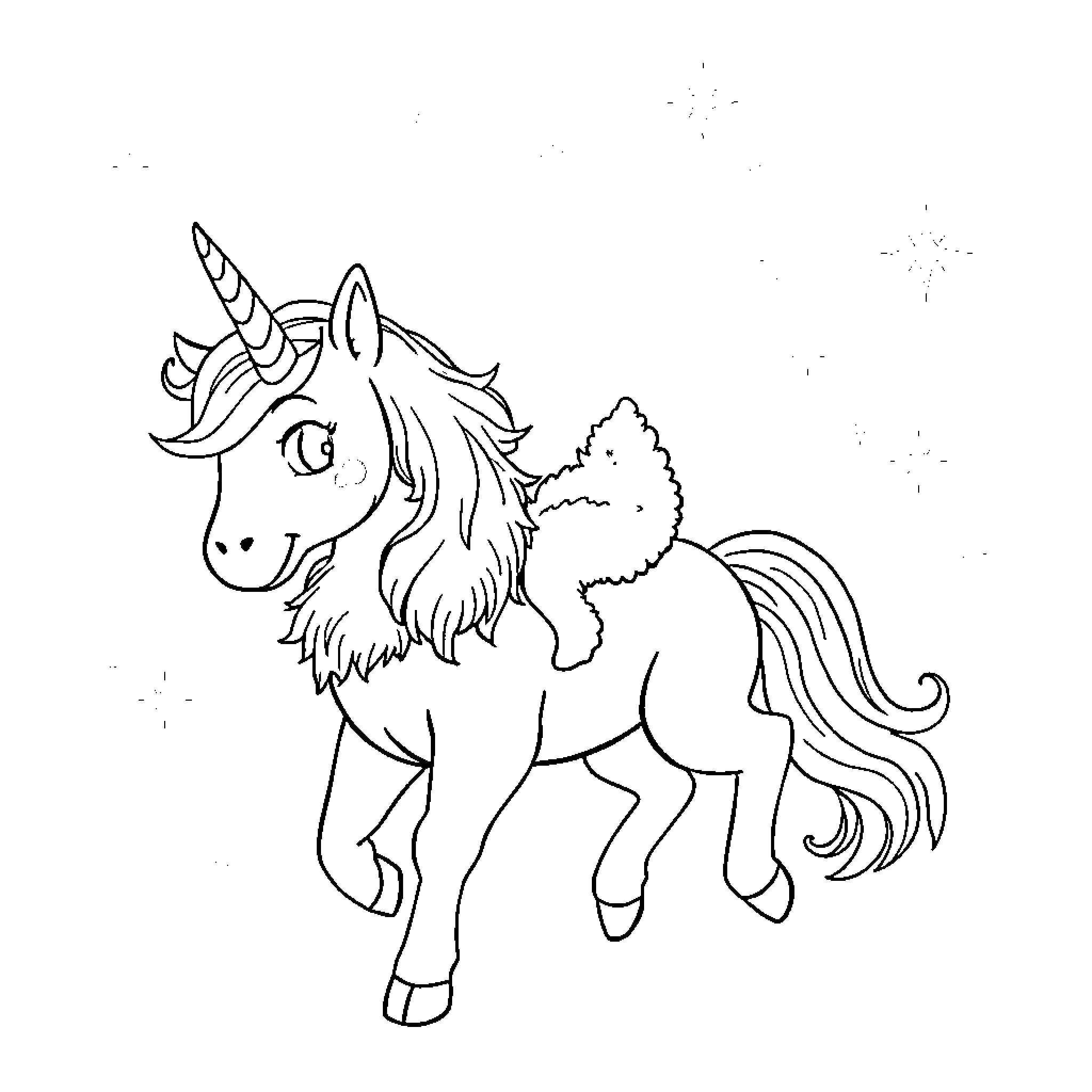 Cat unicorn trotting amidst stars Coloring Page (free black-and-white line drawing printable PDF for all, from beginners to advanced learners, including children, teens, adults, and seniors)