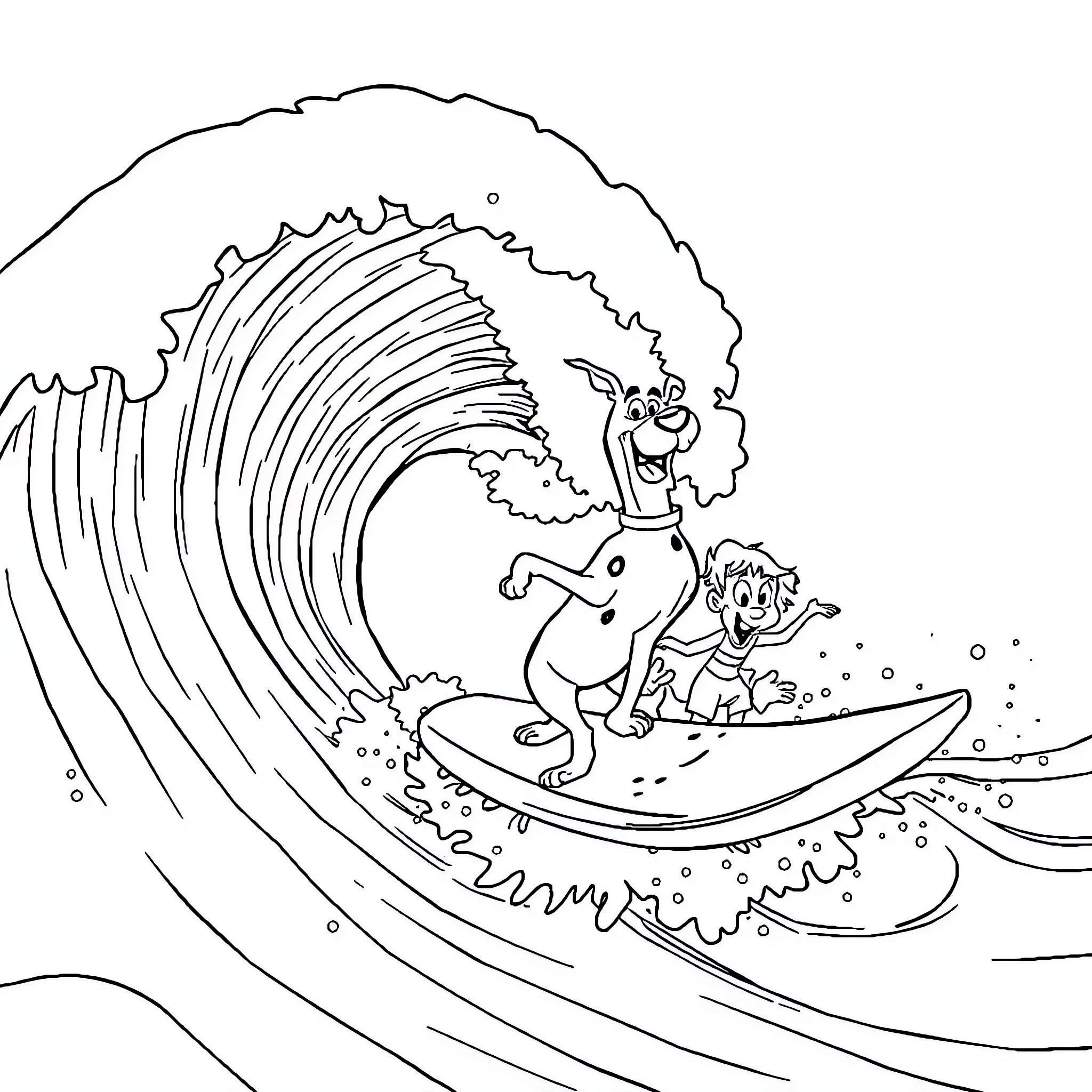 Scooby Doo and Friends Surfing the Waves Coloring Page (free black-and-white line drawing printable PDF for all, from beginners to advanced learners, including children, teens, adults, and seniors)