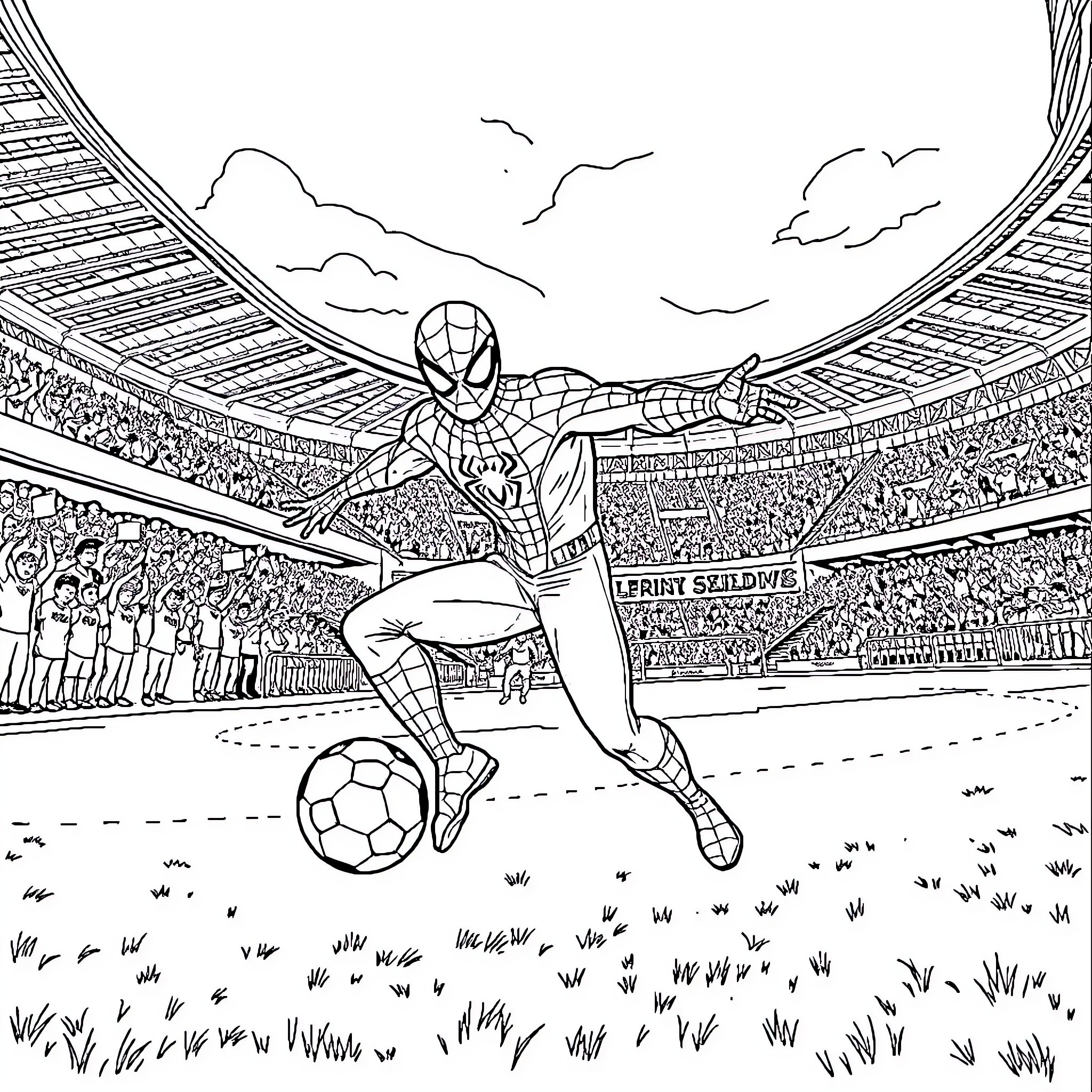 Spider-Man playing soccer in a crowded stadium Coloring Page (free black-and-white line drawing printable PDF for all, from beginners to advanced learners, including children, teens, adults, and seniors)