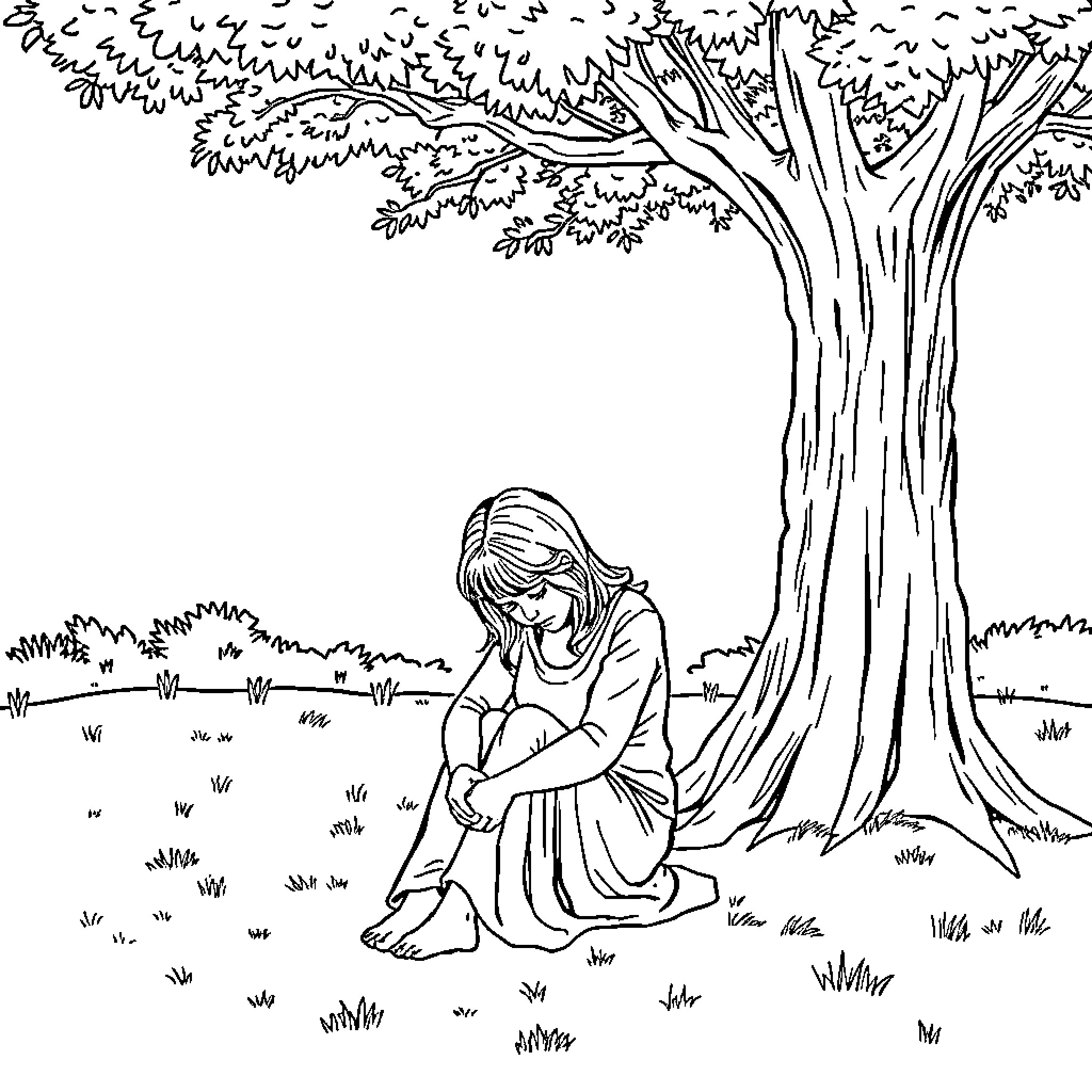 Mom's quiet moment in the park Coloring Page (free black-and-white line drawing printable PDF for all, from beginners to advanced learners, including children, teens, adults, and seniors)