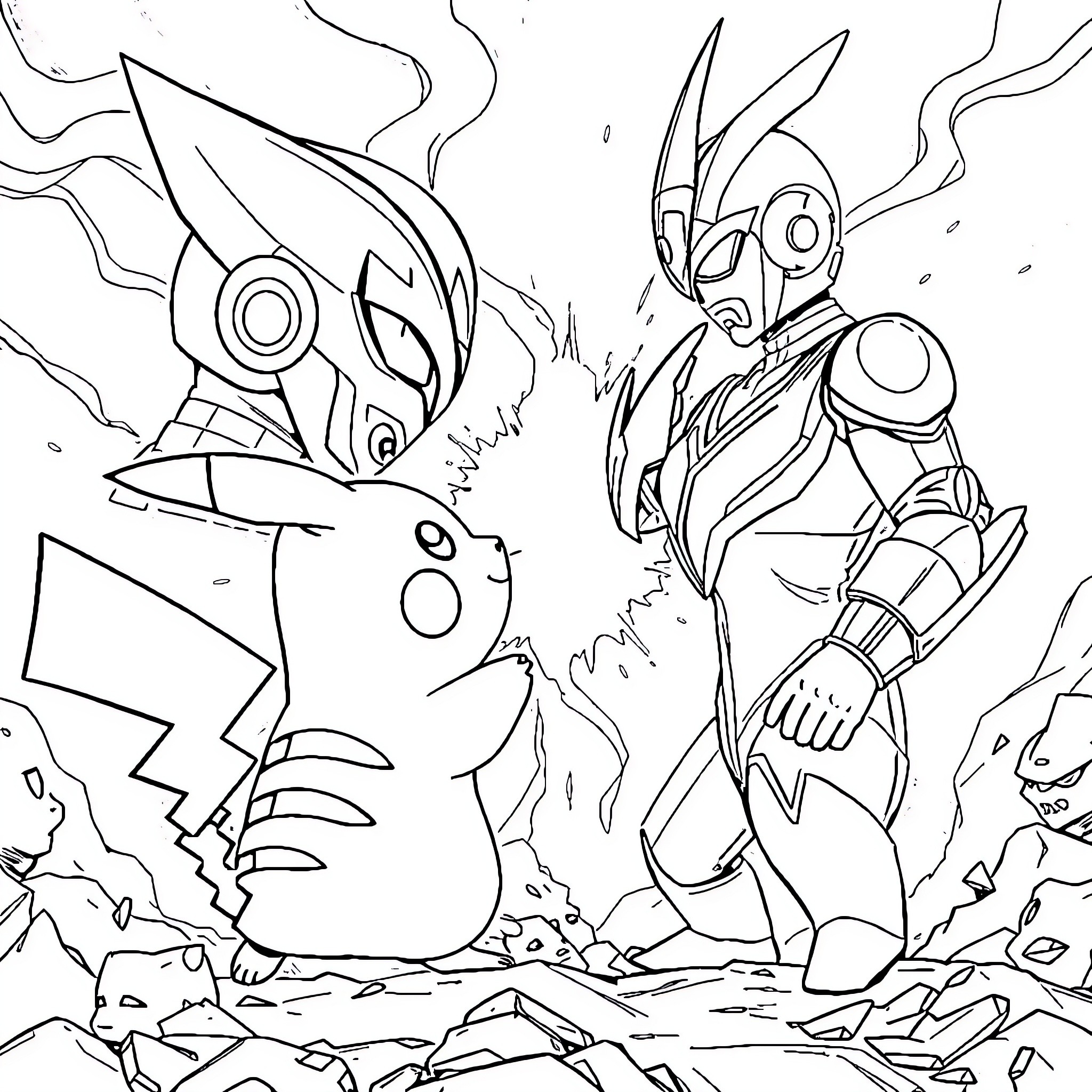 Pikachu battling against a powerful robot in a dramatic scene Coloring Page (free black-and-white line drawing printable PDF for all, from beginners to advanced learners, including children, teens, adults, and seniors)