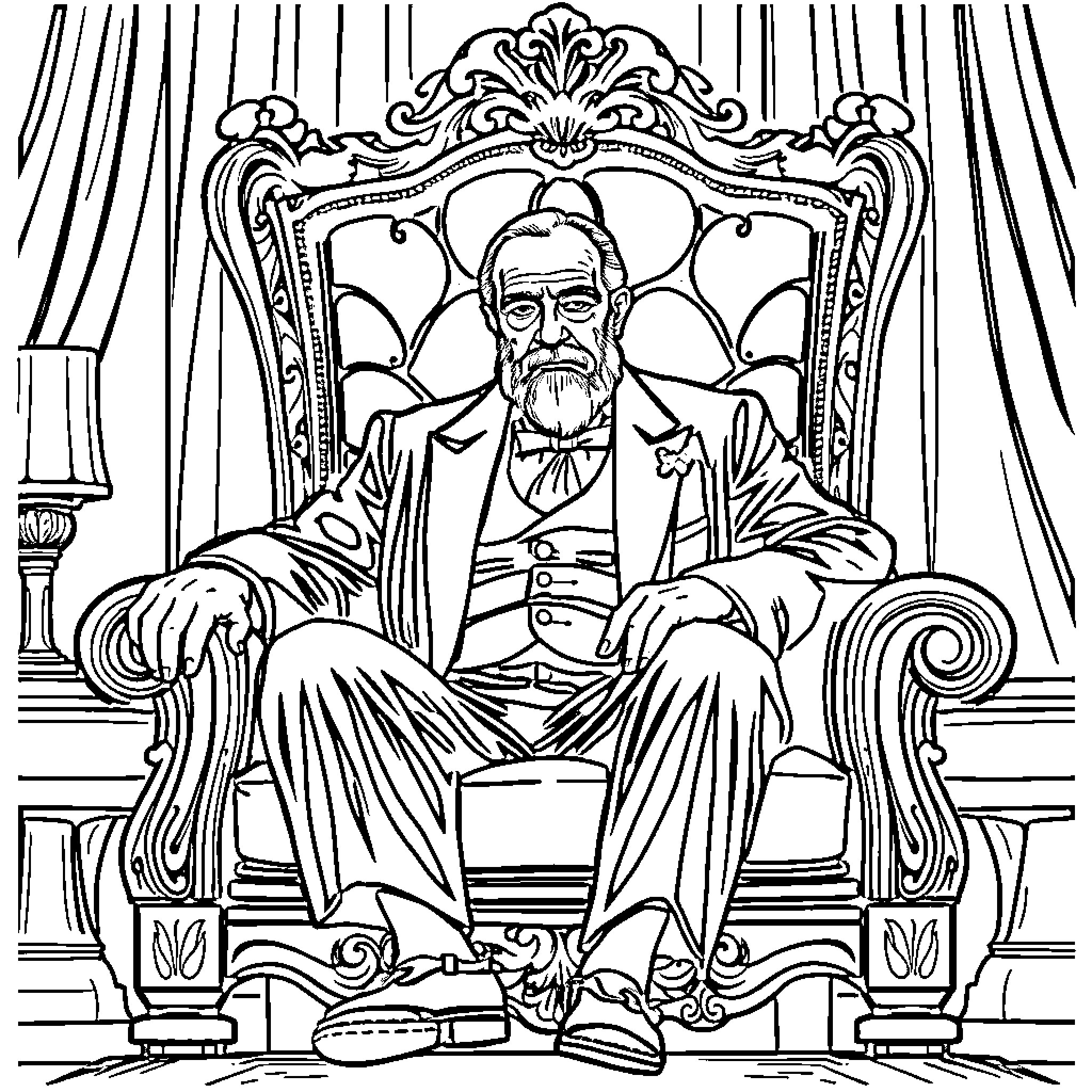 Godfather enthroned in ornate chair Coloring Page (free black-and-white line drawing printable PDF for all, from beginners to advanced learners, including children, teens, adults, and seniors)