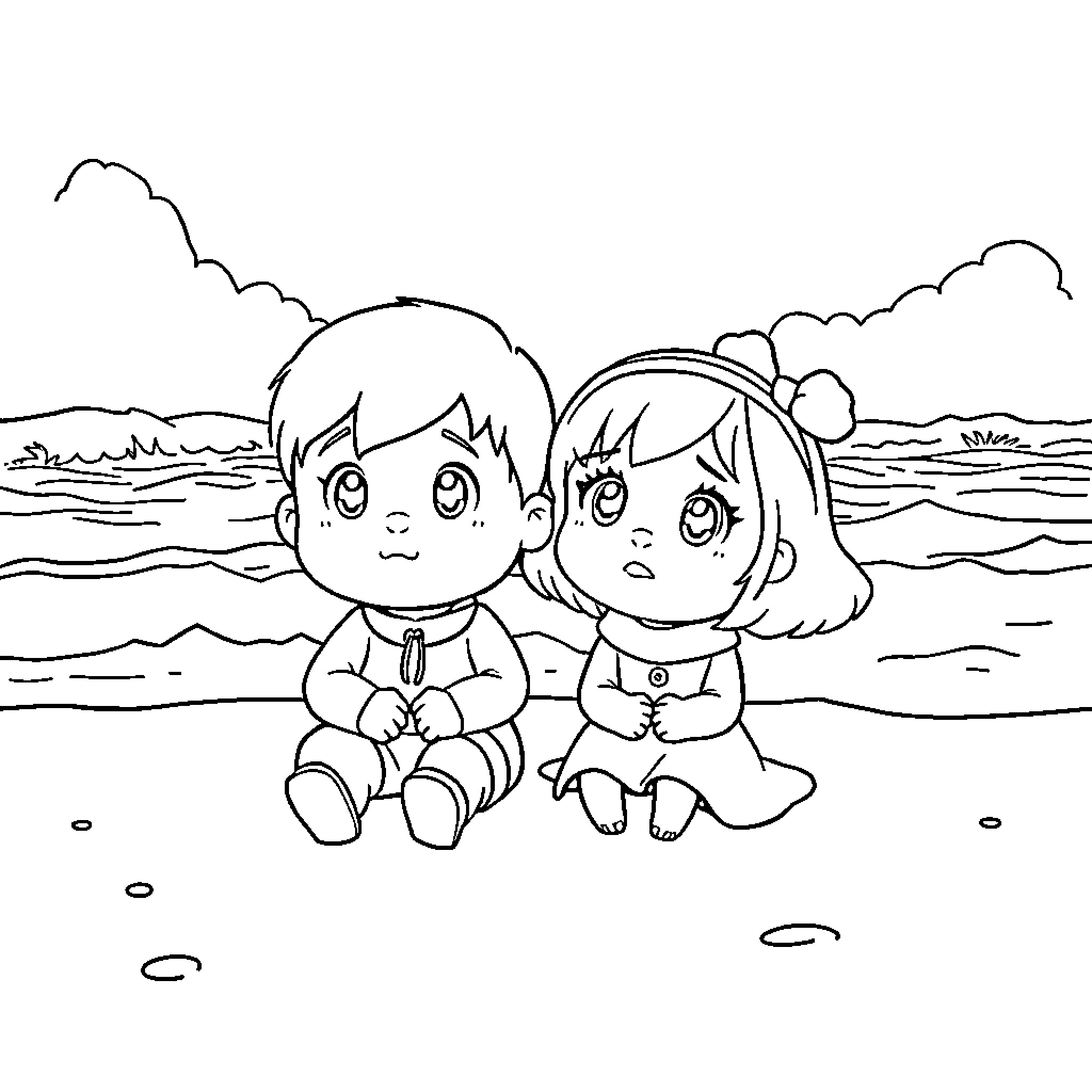 Pocoyo friends enjoying the beach together Coloring Page (free black-and-white line drawing printable PDF for all, from beginners to advanced learners, including children, teens, adults, and seniors)