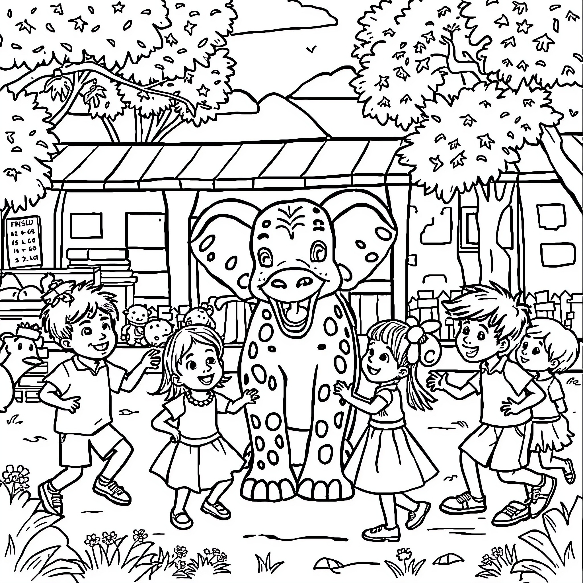 Animal characters at a friendly carnival scene Coloring Page (free black-and-white line drawing printable PDF for all, from beginners to advanced learners, including children, teens, adults, and seniors)