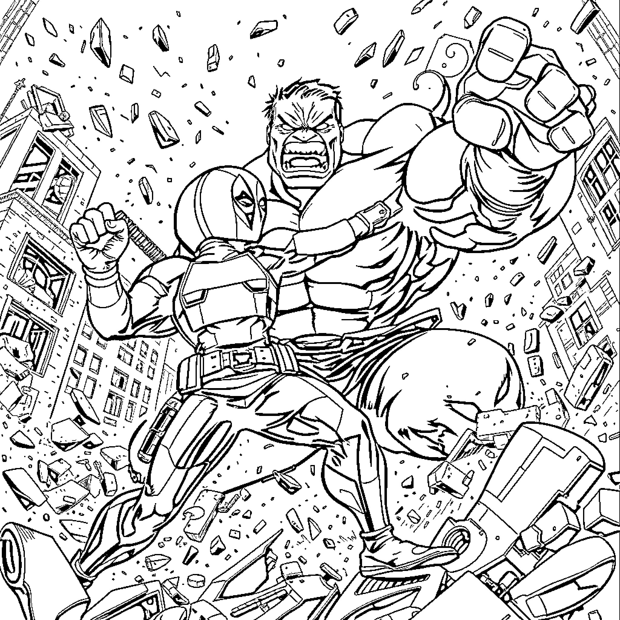 Deadpool's Chaotic Rampage in the City Coloring Page (free black-and-white line drawing printable PDF for all, from beginners to advanced learners, including children, teens, adults, and seniors)