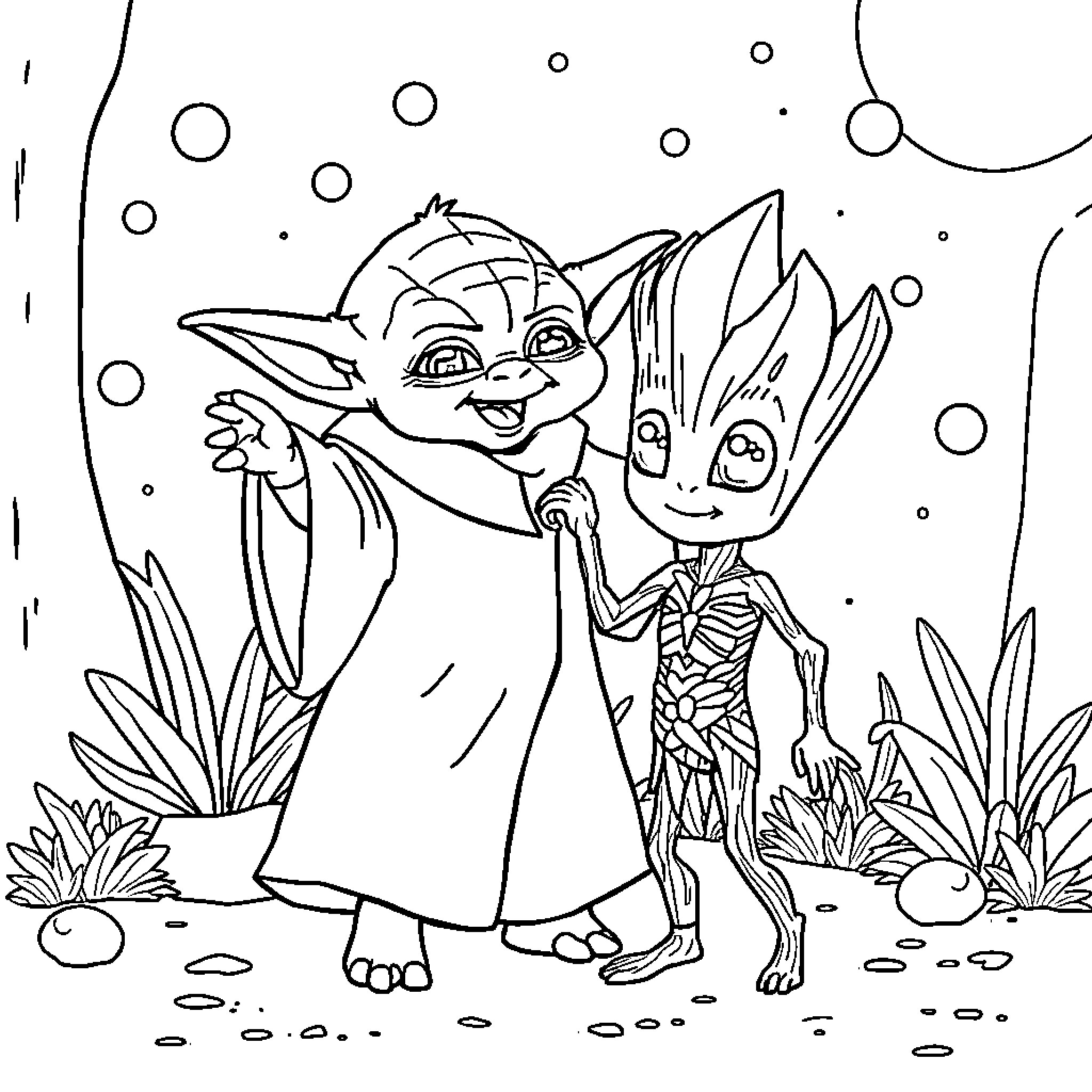 Yoda and Baby Groot playing in the forest Coloring Page (free black-and-white line drawing printable PDF for all, from beginners to advanced learners, including children, teens, adults, and seniors)