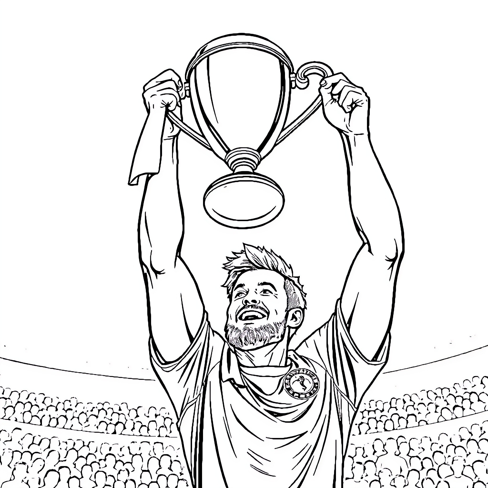Footballer celebrating trophy win with fans Coloring Page (free black-and-white line drawing printable PDF for all, from beginners to advanced learners, including children, teens, adults, and seniors)