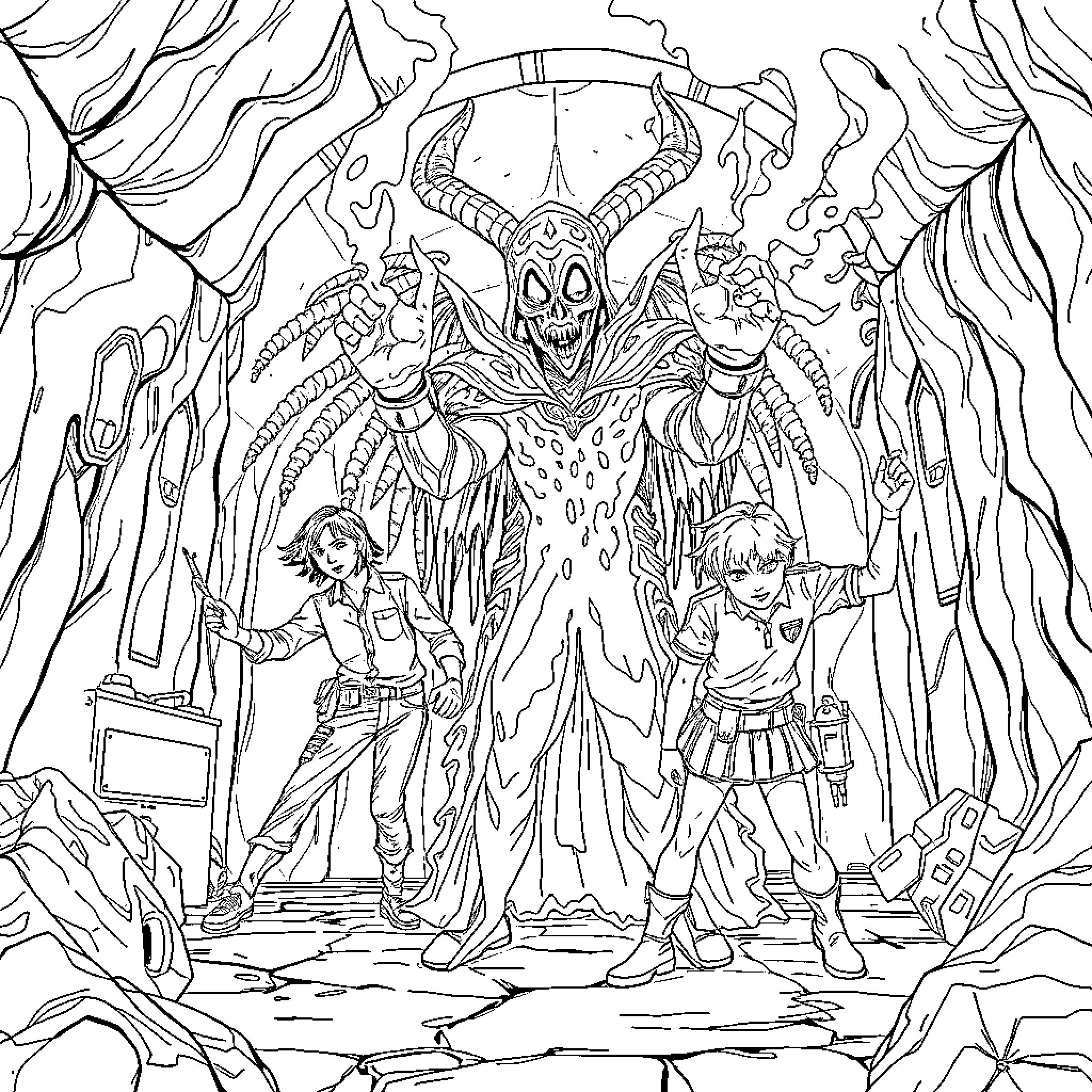 Onze Brave Warriors Facing the Fearsome Overlord Coloring Page (free black-and-white line drawing printable PDF for all, from beginners to advanced learners, including children, teens, adults, and seniors)