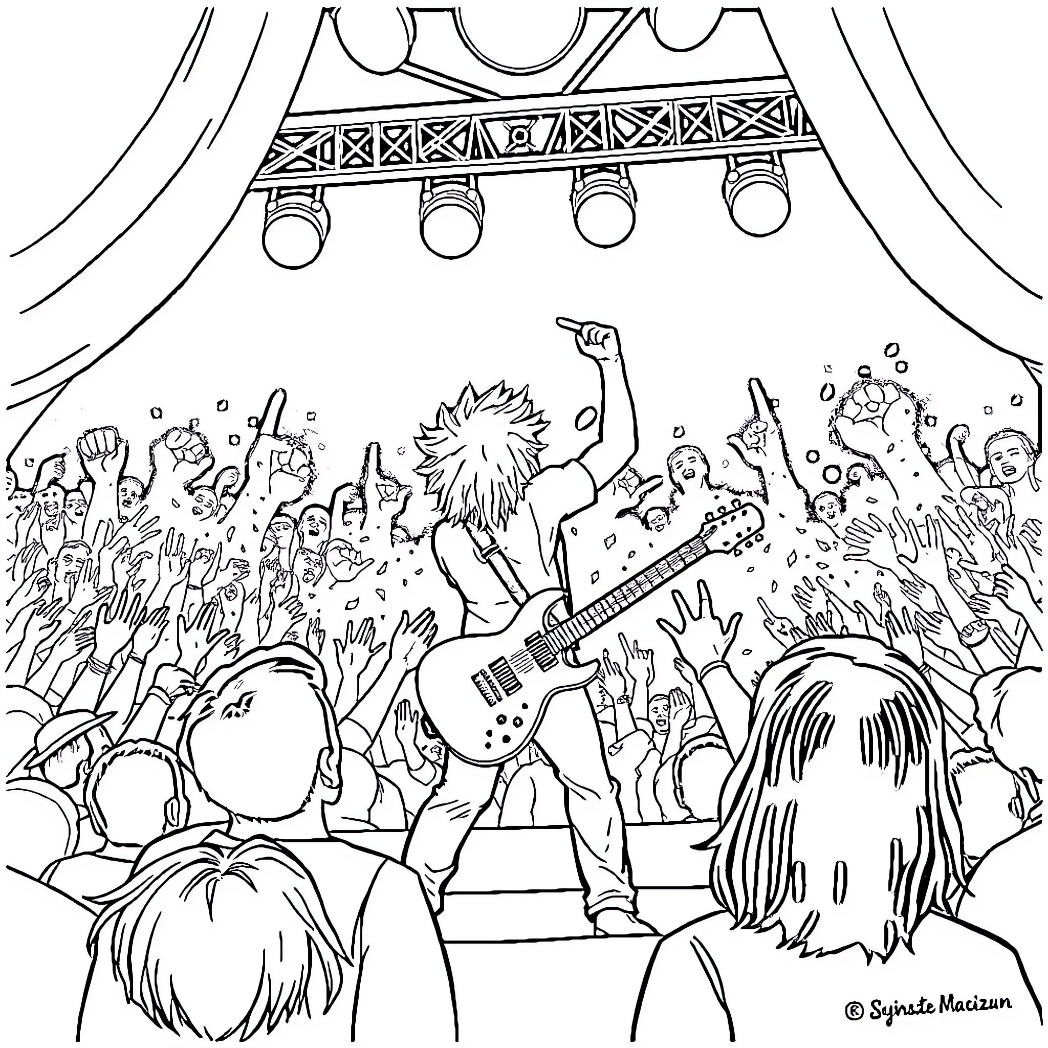 Duki's Energetic Stage Performance Coloring Page (free black-and-white line drawing printable PDF for all, from beginners to advanced learners, including children, teens, adults, and seniors)