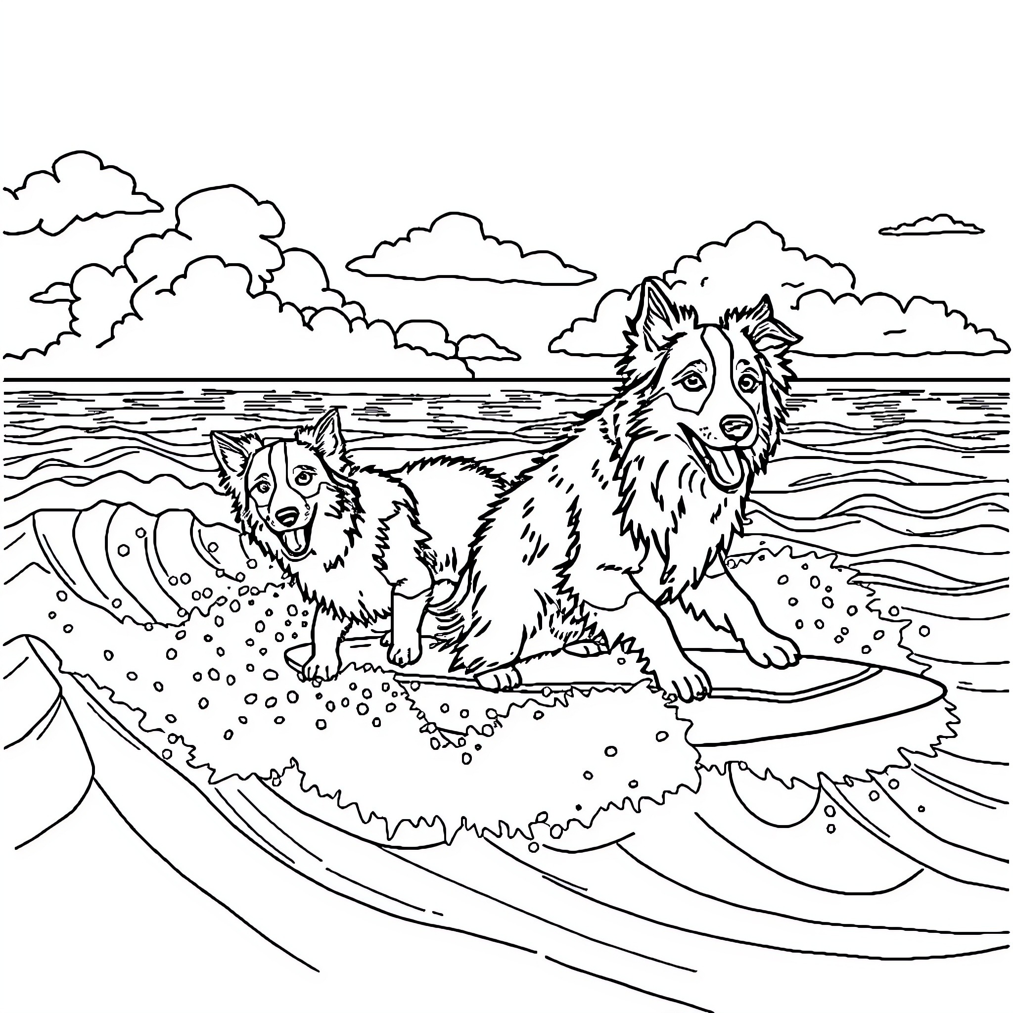 Border Collies playing in the waves at the beach Coloring Page (free black-and-white line drawing printable PDF for all, from beginners to advanced learners, including children, teens, adults, and seniors)