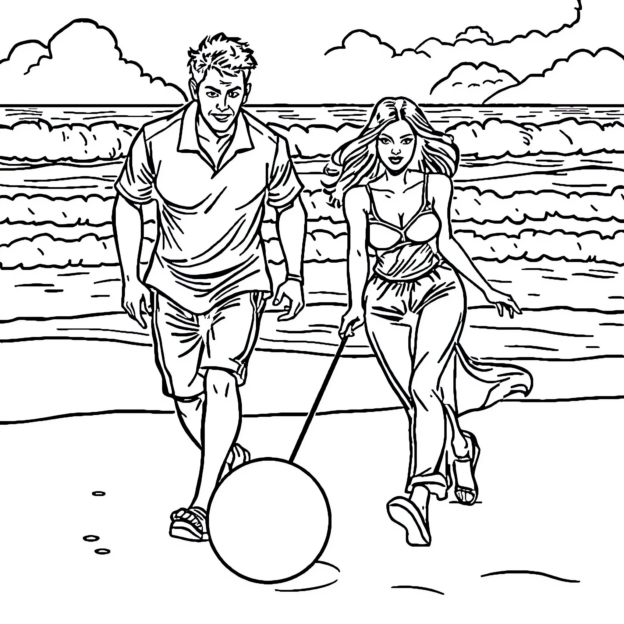 Bowling couple strolling on the beach Coloring Page (free black-and-white line drawing printable PDF for all, from beginners to advanced learners, including children, teens, adults, and seniors)