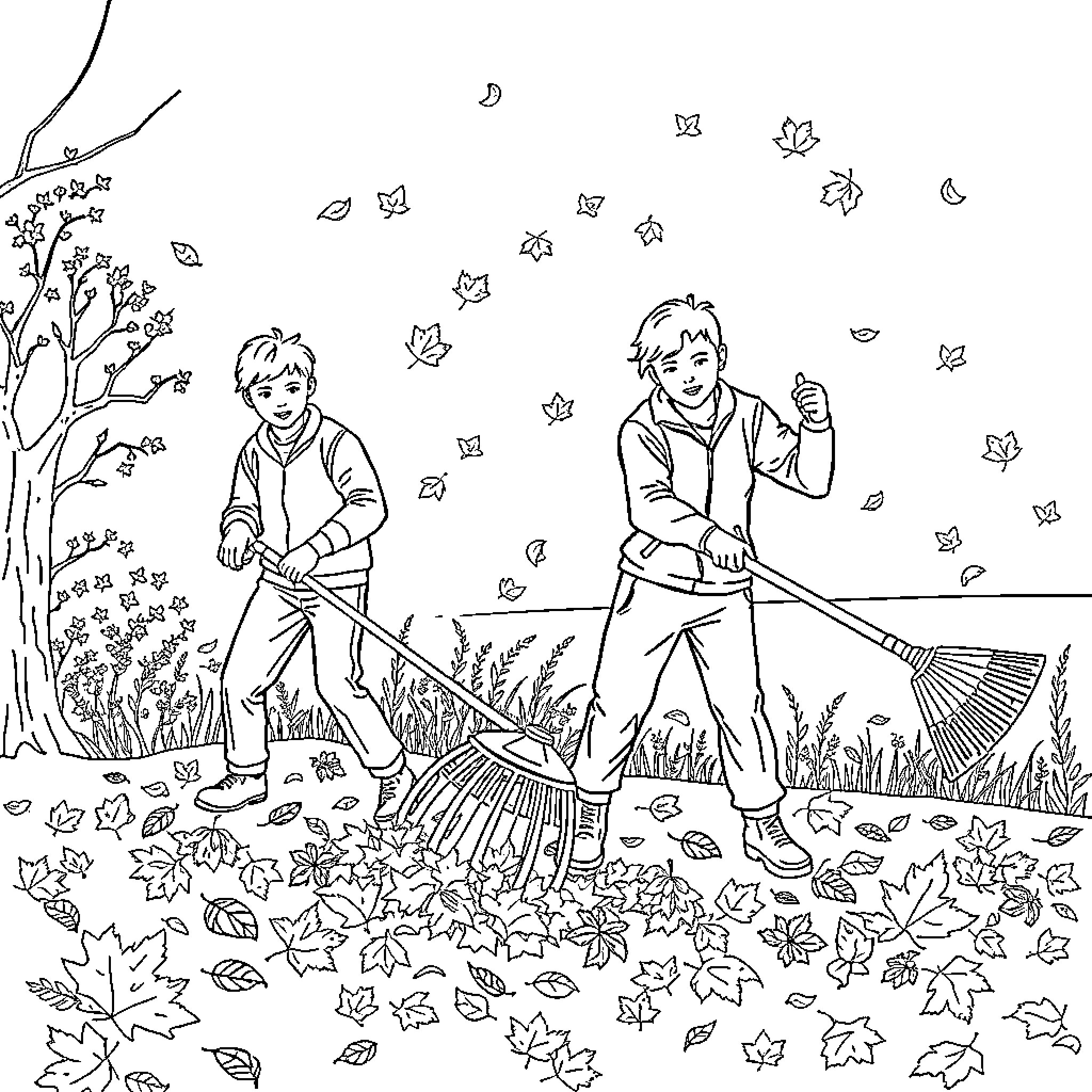Leaf Children Raking Fallen Leaves in Autumn Coloring Page (free black-and-white line drawing printable PDF for all, from beginners to advanced learners, including children, teens, adults, and seniors)