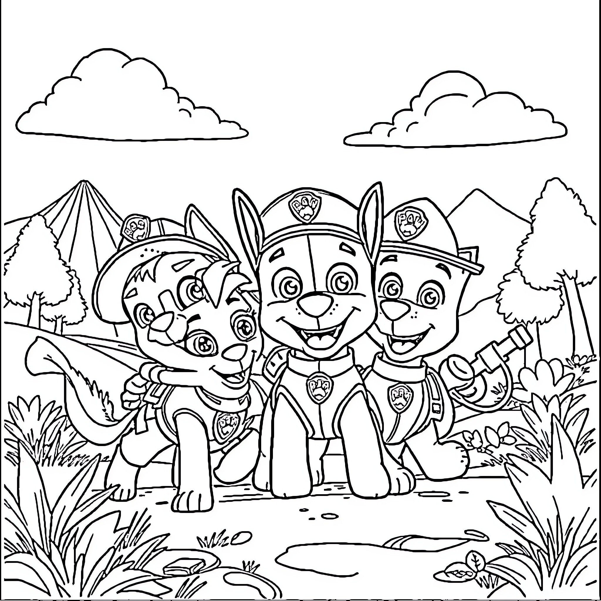 Paw Patrol characters exploring the wilderness Coloring Page (free black-and-white line drawing printable PDF for all, from beginners to advanced learners, including children, teens, adults, and seniors)