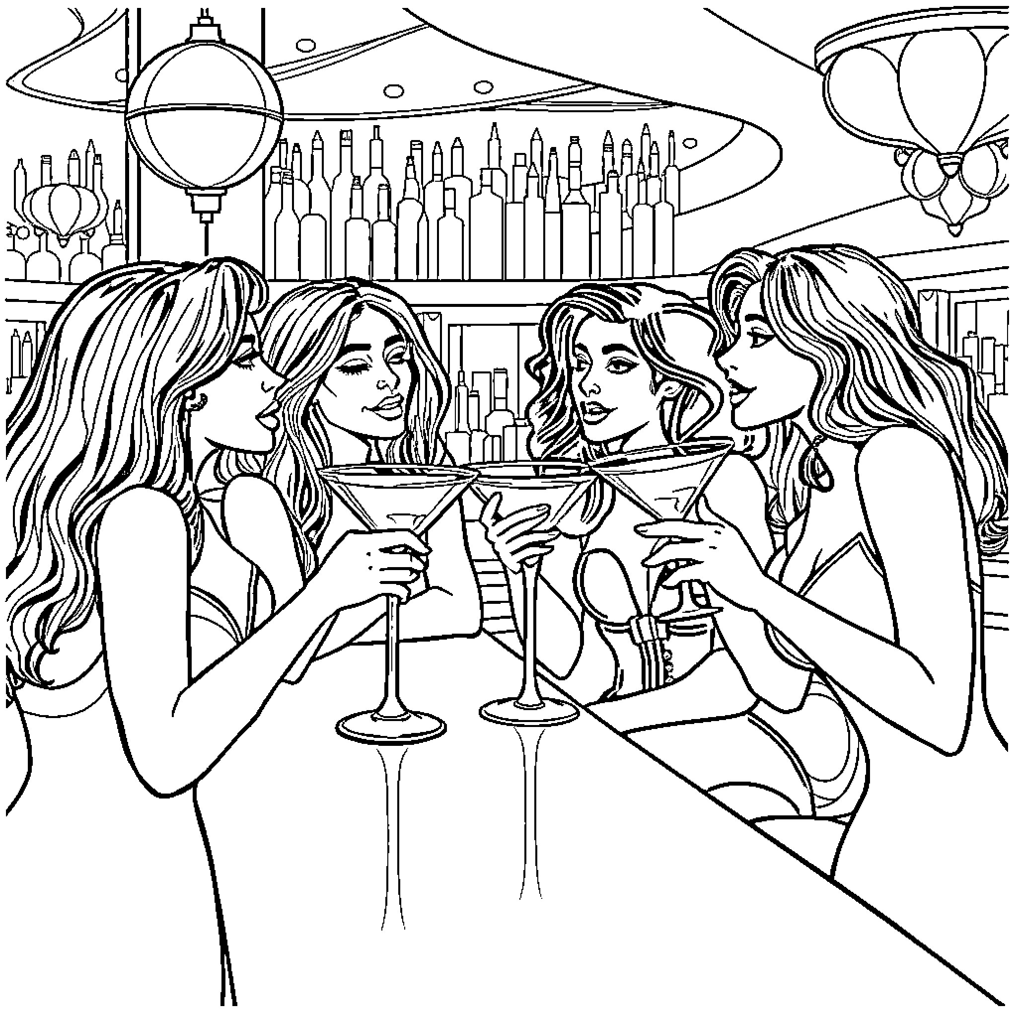 Girl friends enjoying cocktails at a bar Coloring Page (free black-and-white line drawing printable PDF for all, from beginners to advanced learners, including children, teens, adults, and seniors)